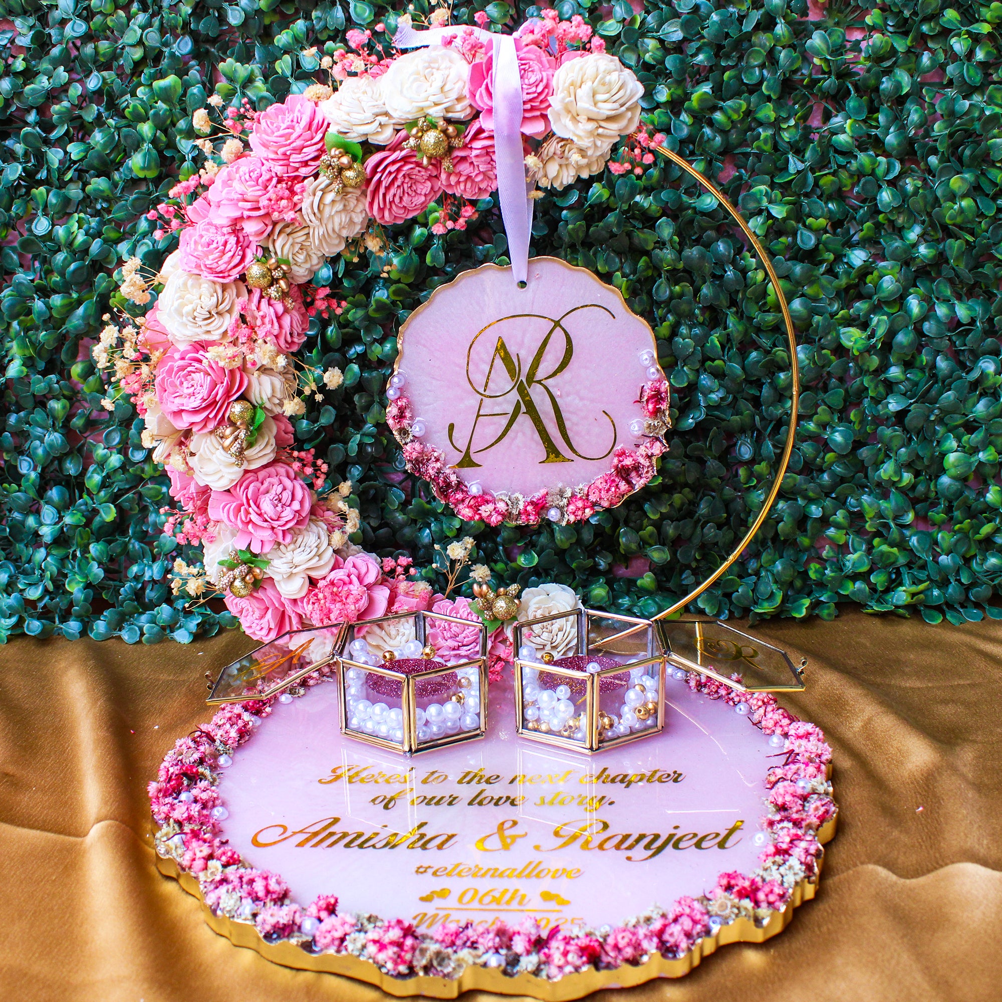 Rezica™ Royal Resin (Pink Royale Floral) Engagement Ring Platter with 2 Premium Ring Boxes and Heavy Flower Hoop (10 Inch Base)