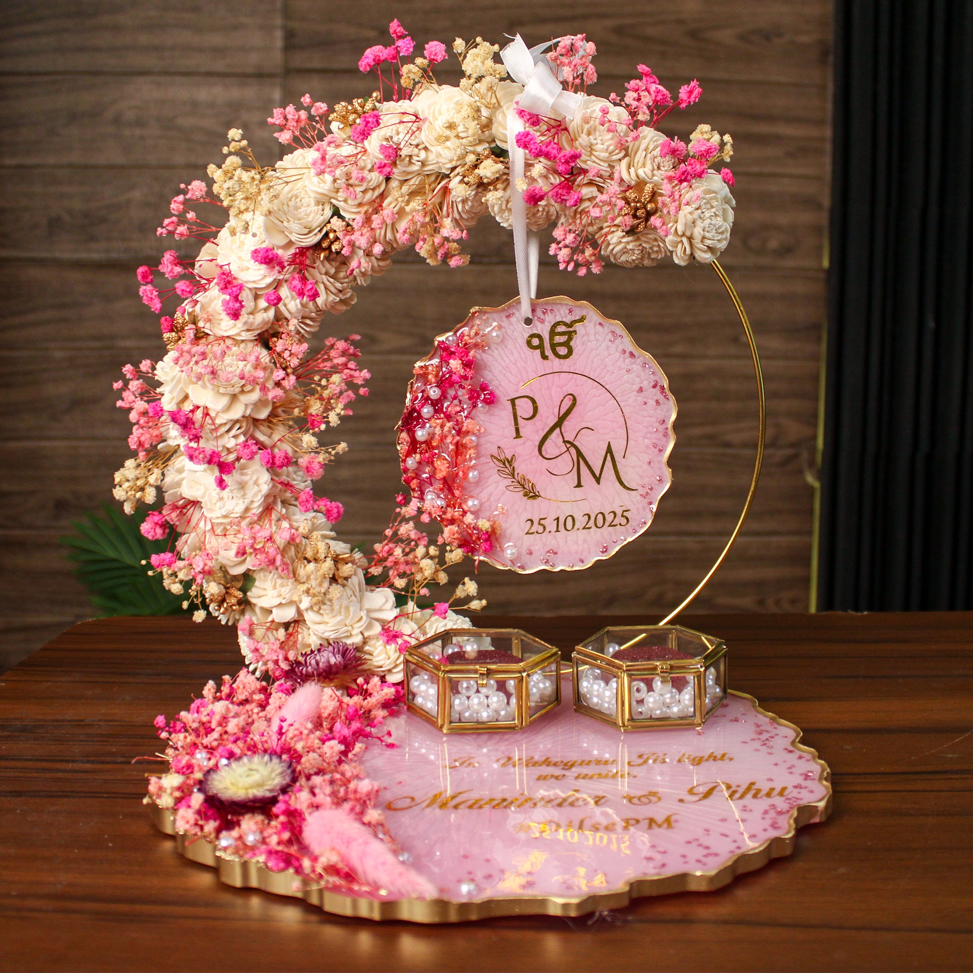 Rezica™ Royal Resin (Duo Blush Pink) Engagement Ring Platter with 2 Premium Ring Boxes and Heavy Flower Hoop
