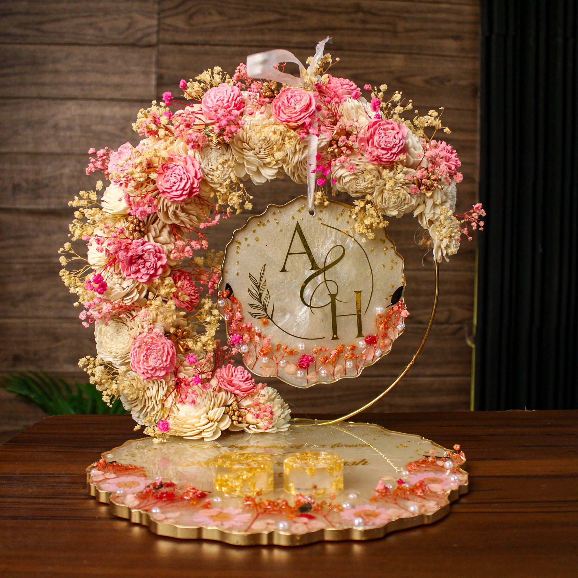 Rezica™ Royal Resin (Pink Cashmere Sand) Engagement Ring Platter with 2 Premium Ring Boxes and Heavy Flower Hoop