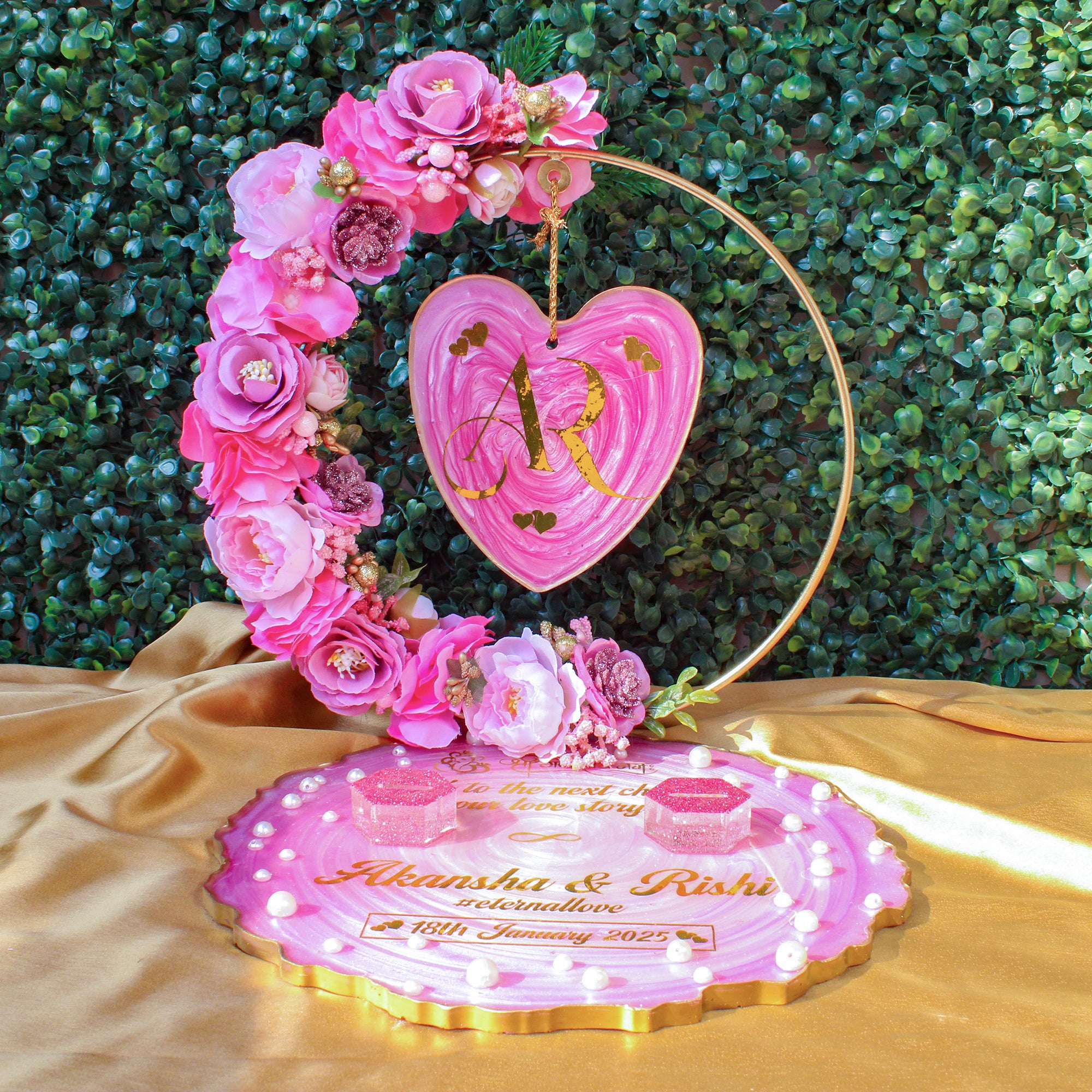 Rezica™ Royal Resin (Pink Themed) Wedding Engagement Ring Platter with 2 Premium Ring Boxes and Heavy Flower Hoop