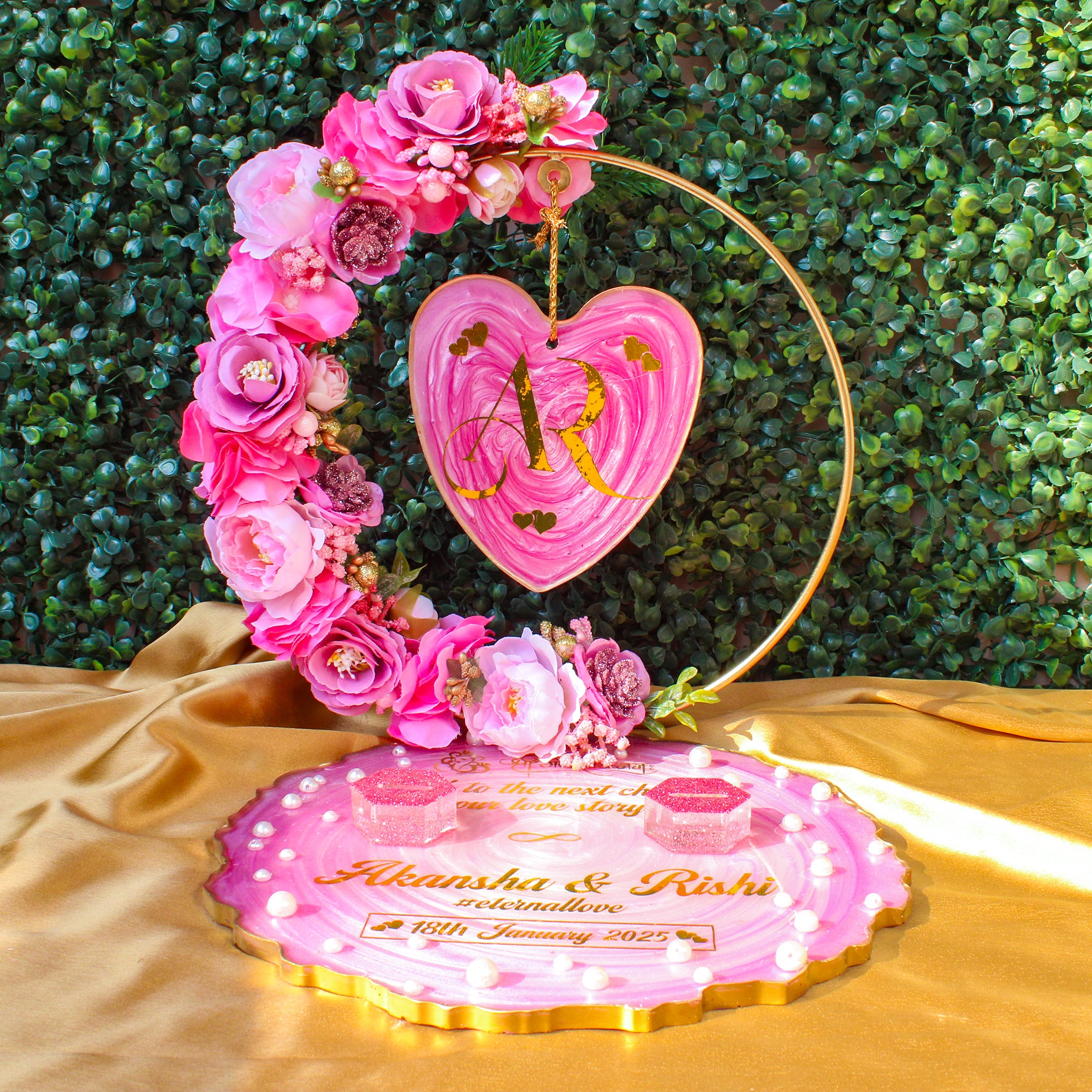 Rezica™ Royal Resin (Pink Themed) Wedding Engagement Ring Platter with 2 Premium Ring Boxes and Heavy Flower Hoop