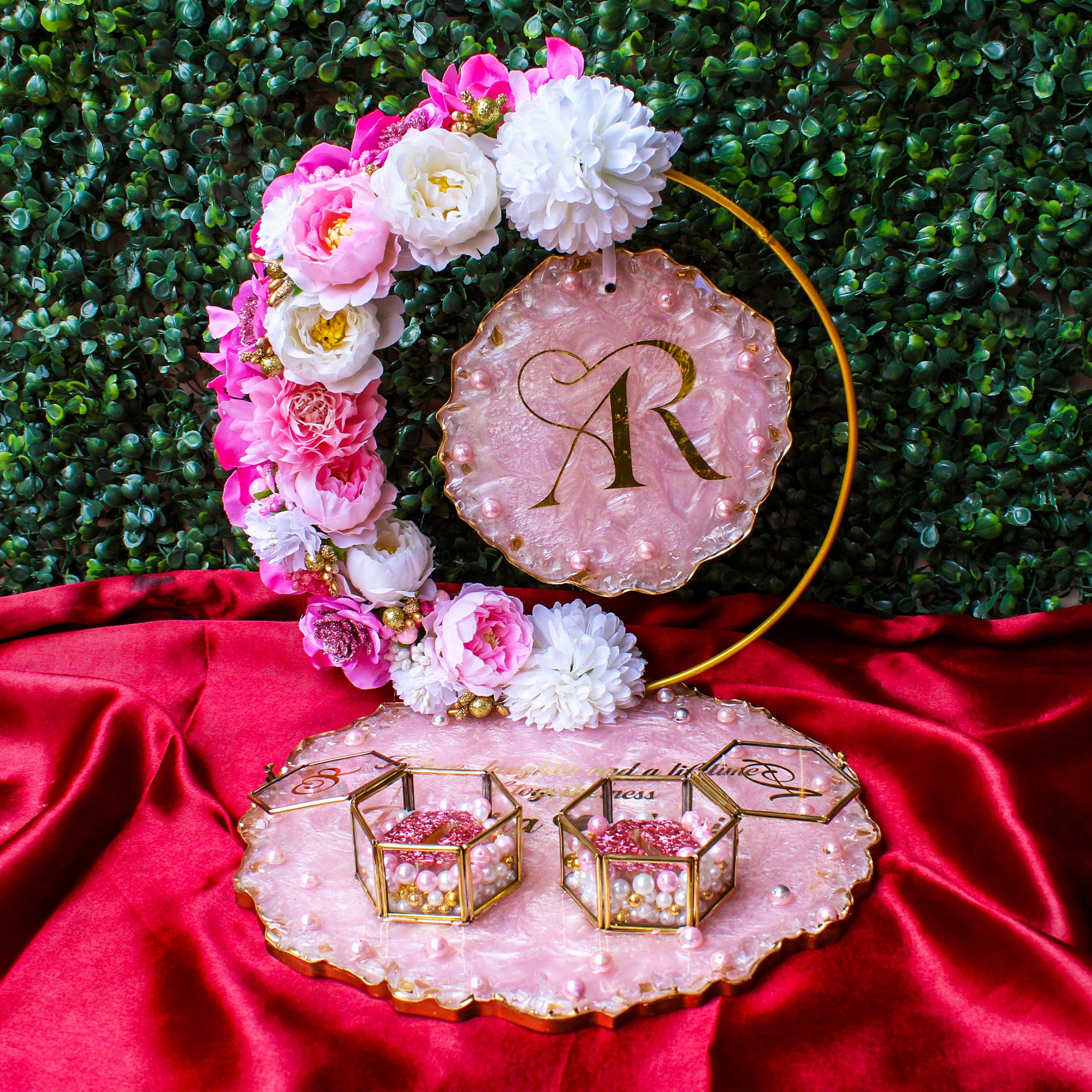Rezica™ Royal Resin (Pink n White Themed) Wedding Engagement Ring Platter with 2 Premium Ring Boxes and Heavy Flower Hoop (10 Inches)