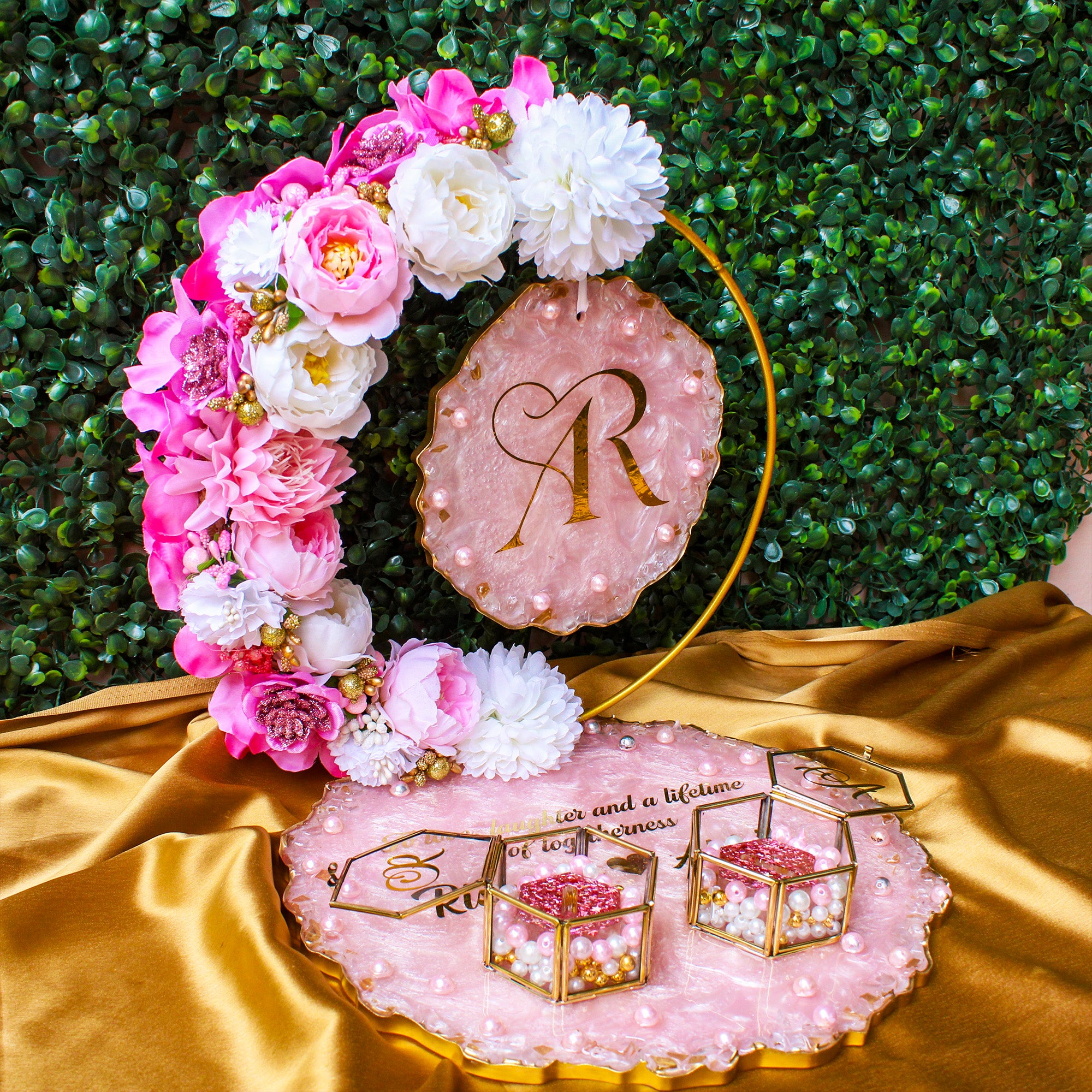 Rezica™ Royal Resin (Pink n White Themed) Wedding Engagement Ring Platter with 2 Premium Ring Boxes and Heavy Flower Hoop (10 Inches)