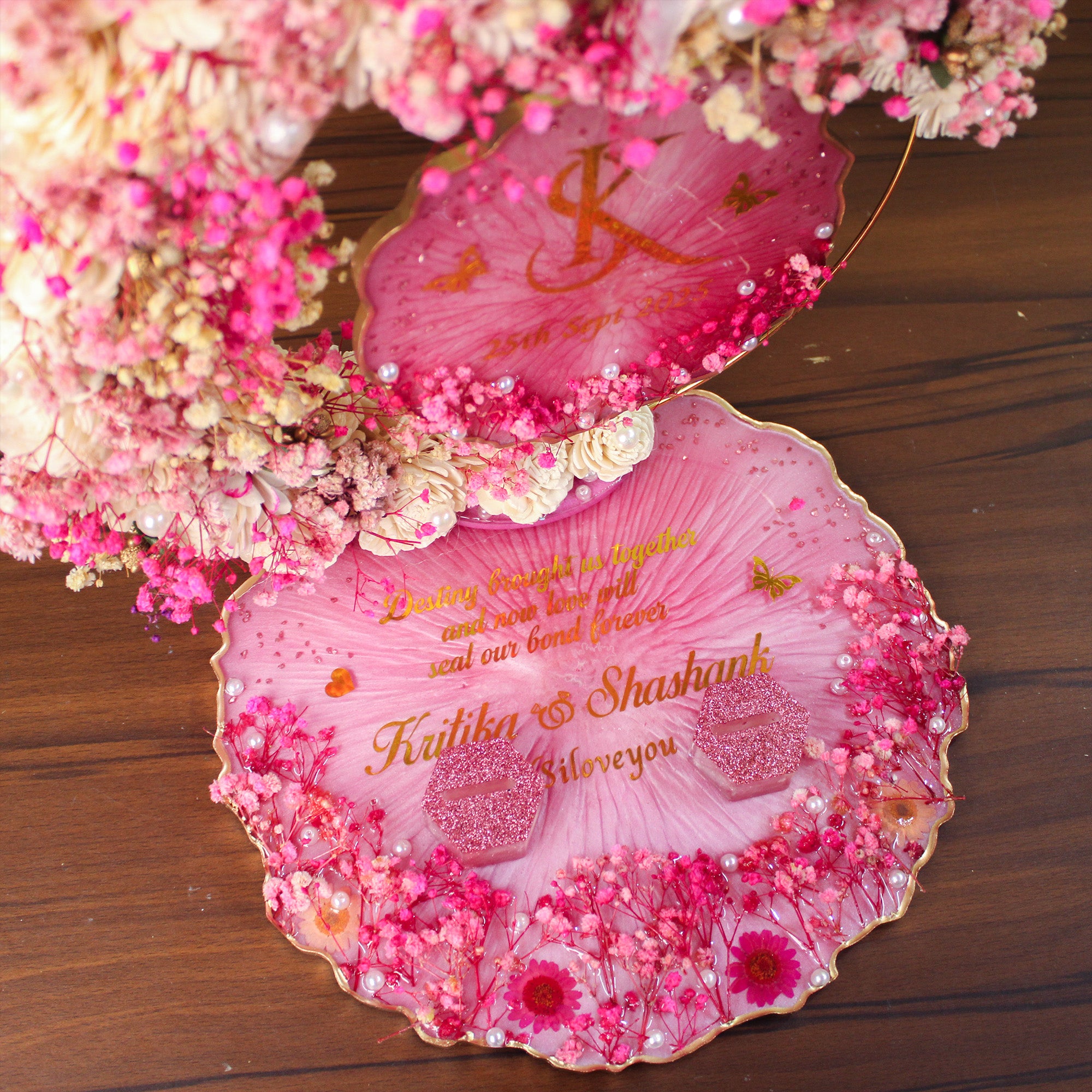 Rezica™ Royal Resin (Royal Pink Symphony) Engagement Ring Platter with 2 Premium Ring Boxes and Heavy Flower Hoop (10 Inch Base)