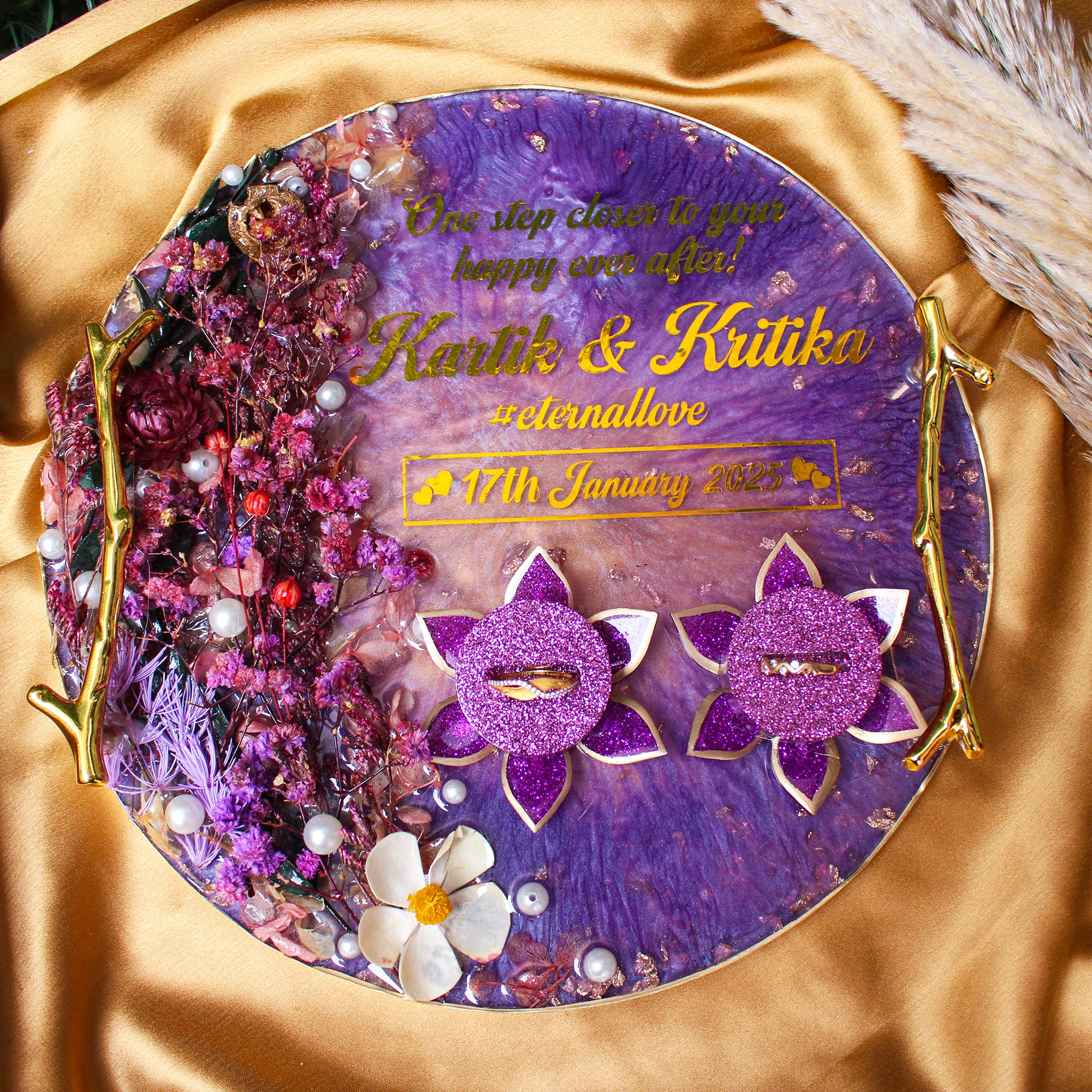 Rezica™ Royal Resin (Violet Dream) Wedding Engagement Ring Platter with 2 Premium Ring Boxes made with Real Dry Flowers (10 Inches)