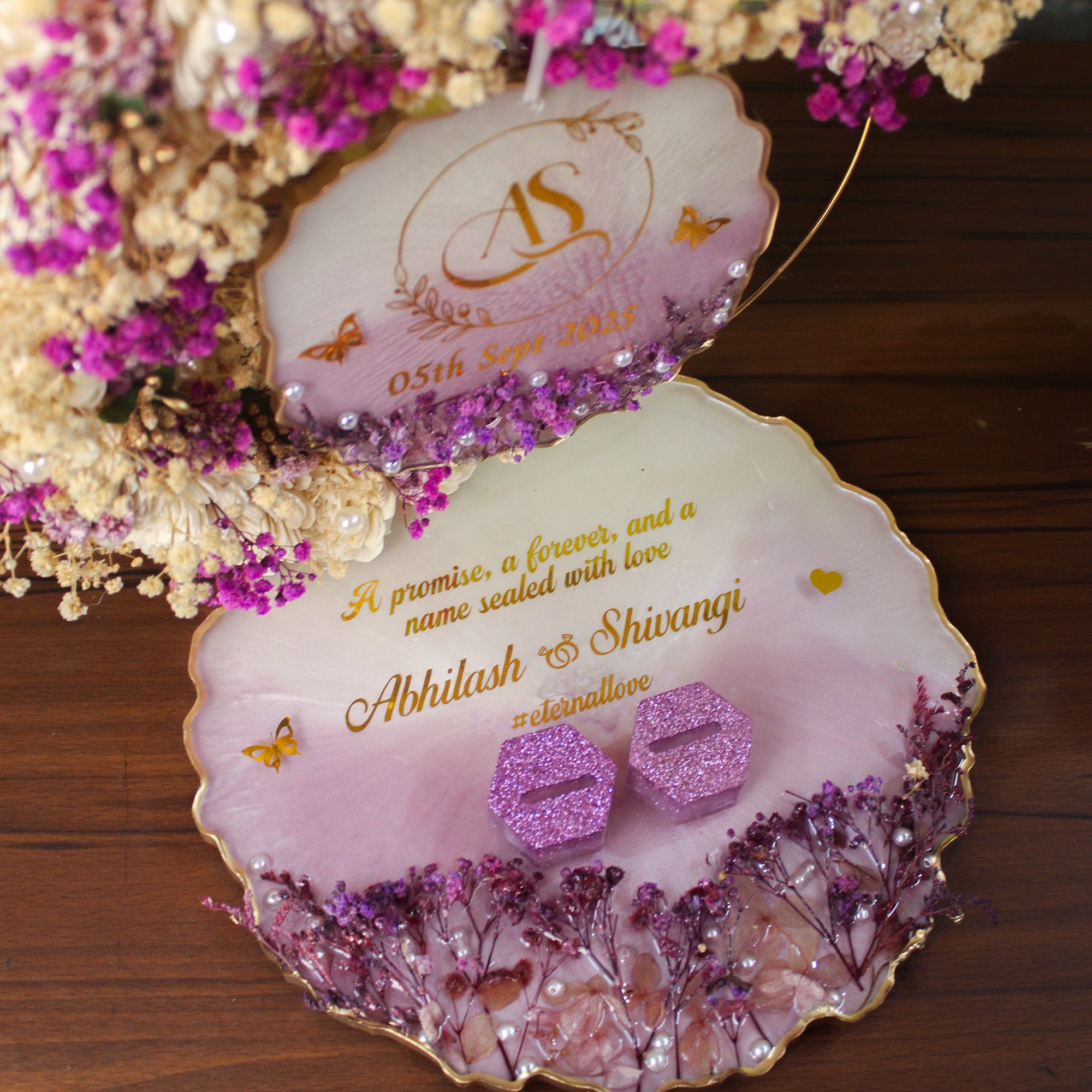 Rezica™ Royal Resin (Lavender Luxury) Engagement Ring Platter with 2 Premium Ring Boxes and Heavy Flower Hoop (10 Inch Base)