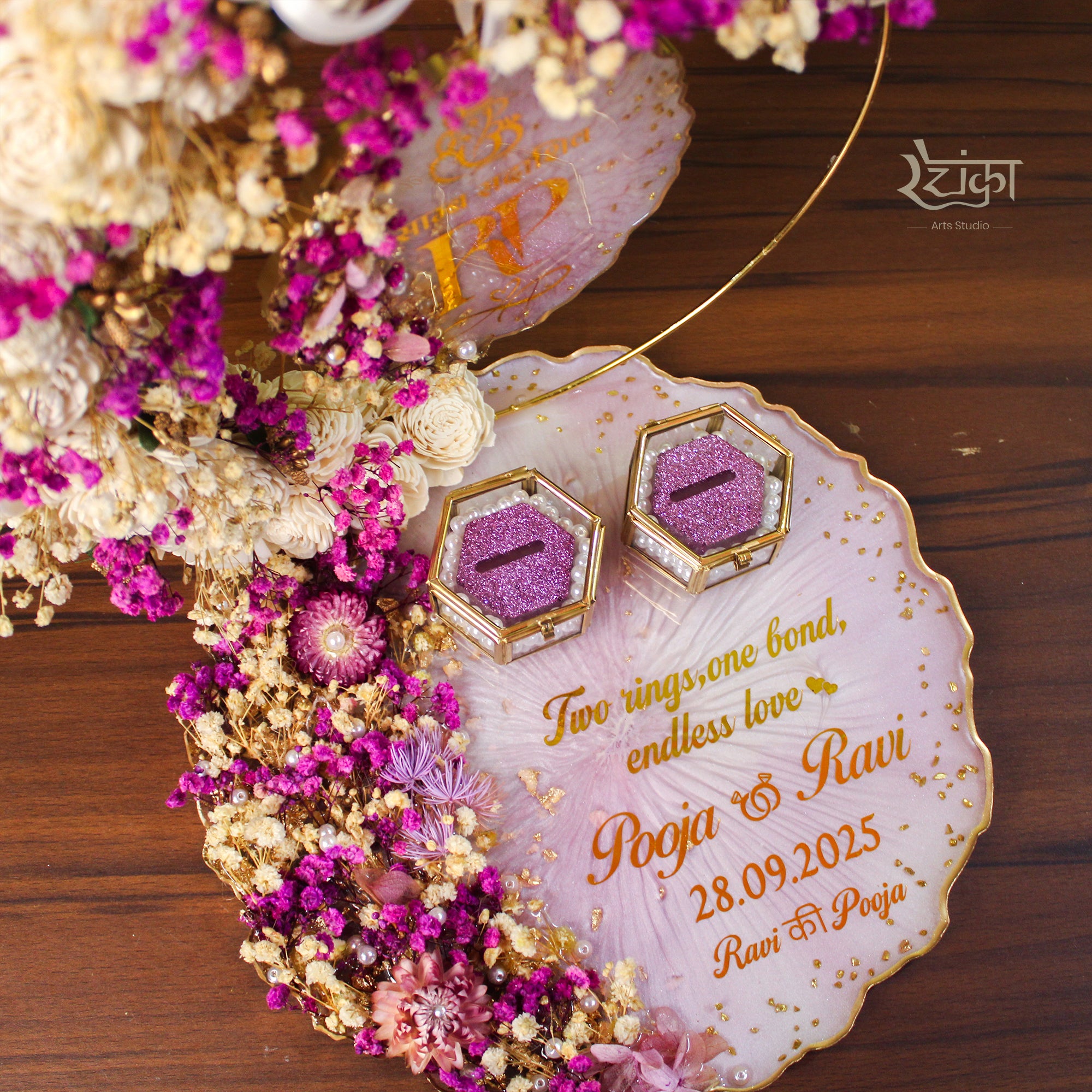 Rezica™ Royal Resin (Floral Purple Serenity) Engagement Ring Platter with 2 Premium Ring Boxes and Heavy Flower Hoop