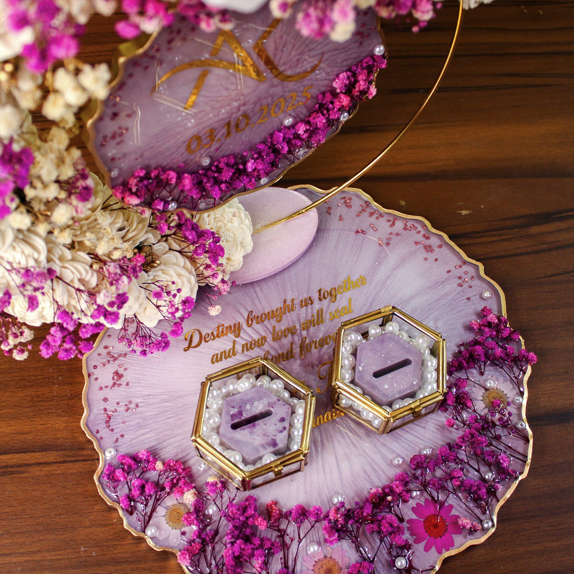 Rezica™ Royal Resin (Royal Imperial Purple) Engagement Ring Platter with 2 Premium Ring Boxes and Heavy Flower Hoop
