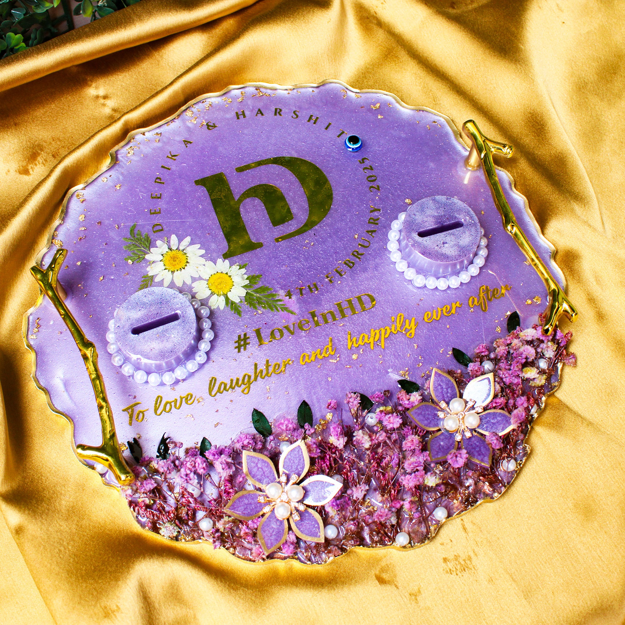 Rezica™ Royal Resin (Lavender Floral) Wedding Engagement Ring Platter with 2 Premium Ring Boxes made with Real Dry Flowers (10 Inches)