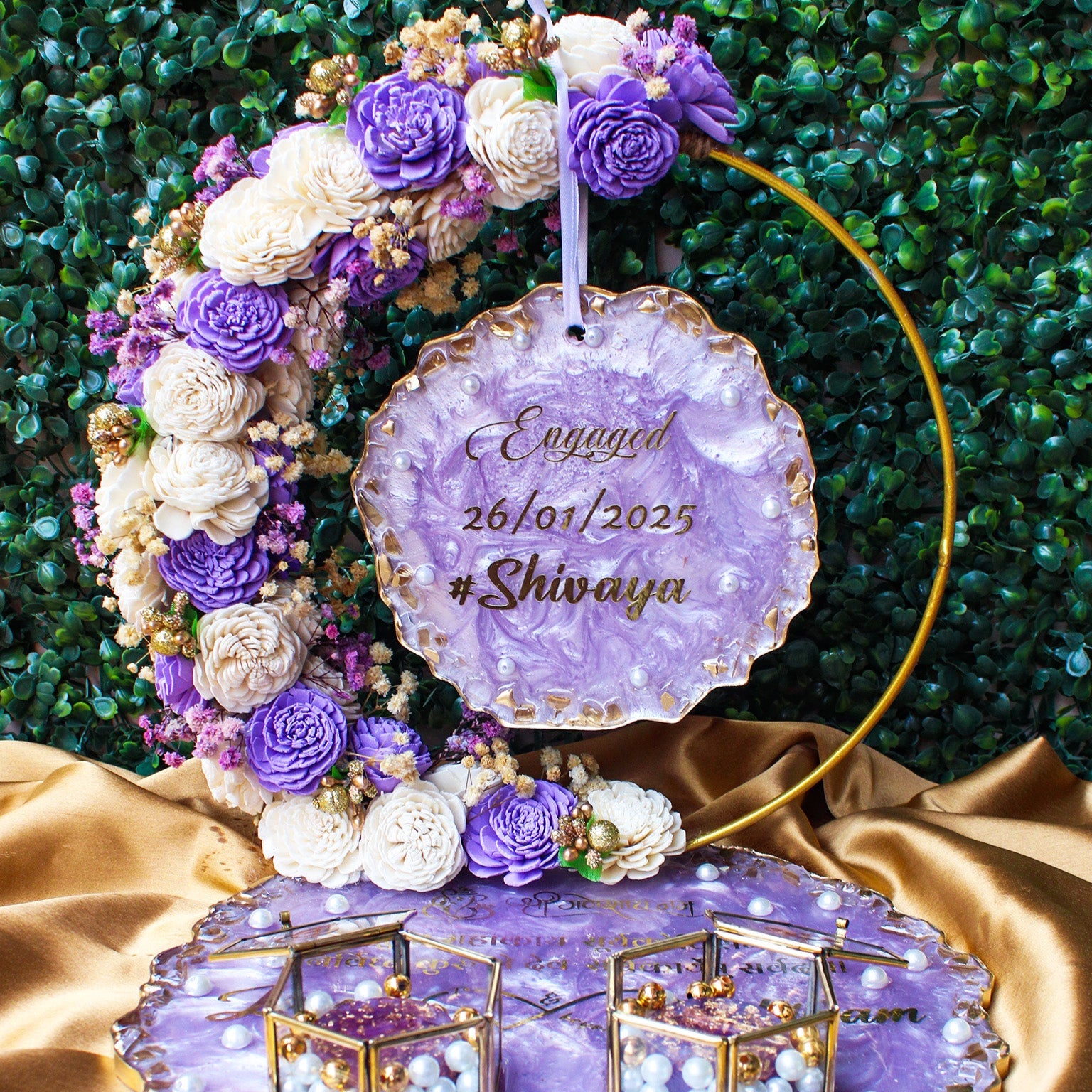 Rezica™ Royal Resin (Royale Lavender Themed) Wedding Engagement Ring Platter with 2 Premium Ring Boxes and Heavy Flower Hoop (Customizable Colours)