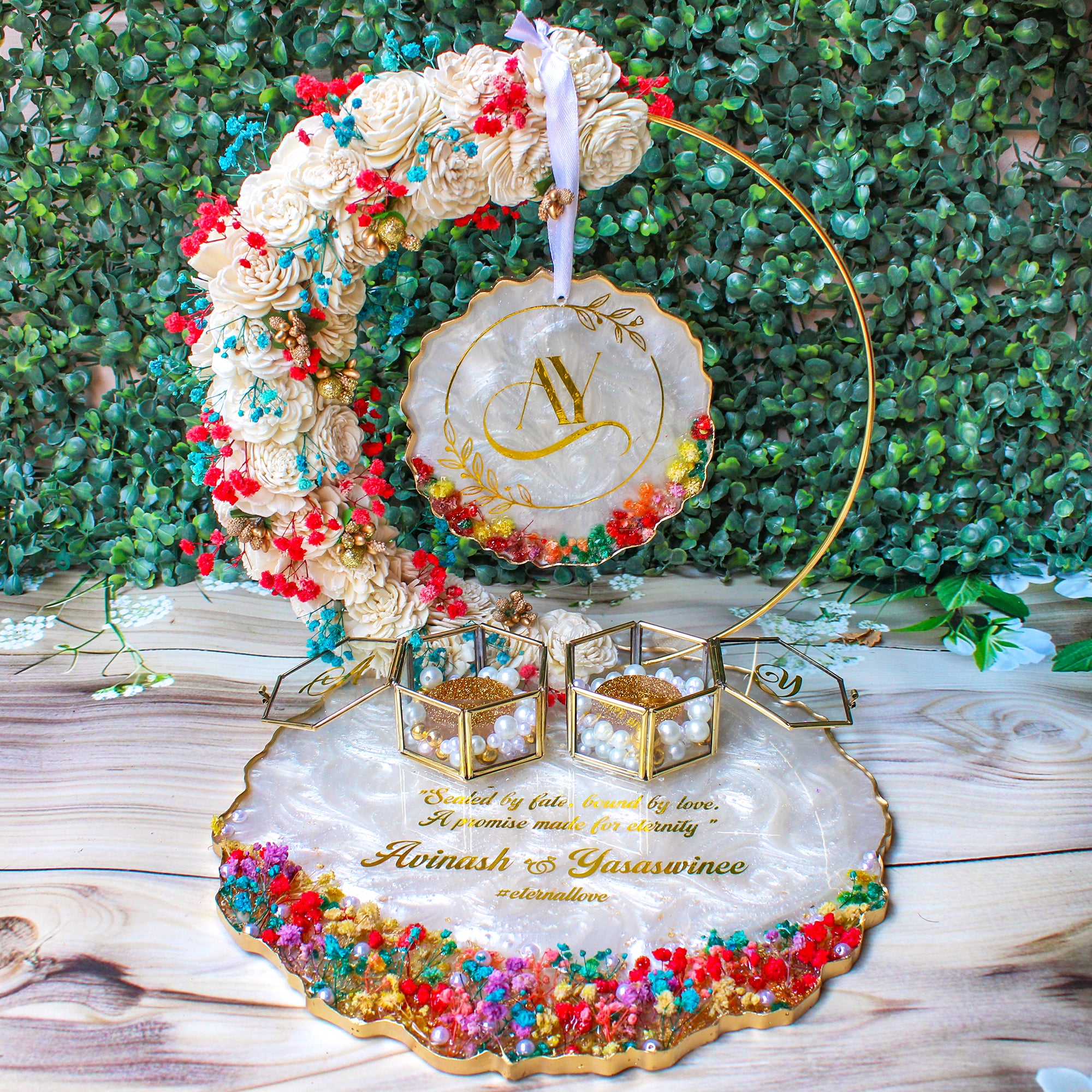 Rezica™ Royal Resin (Red N Blue Multicolor) Engagement Ring Platter with 2 Premium Ring Boxes and Heavy Flower Hoop (10 Inch Base)