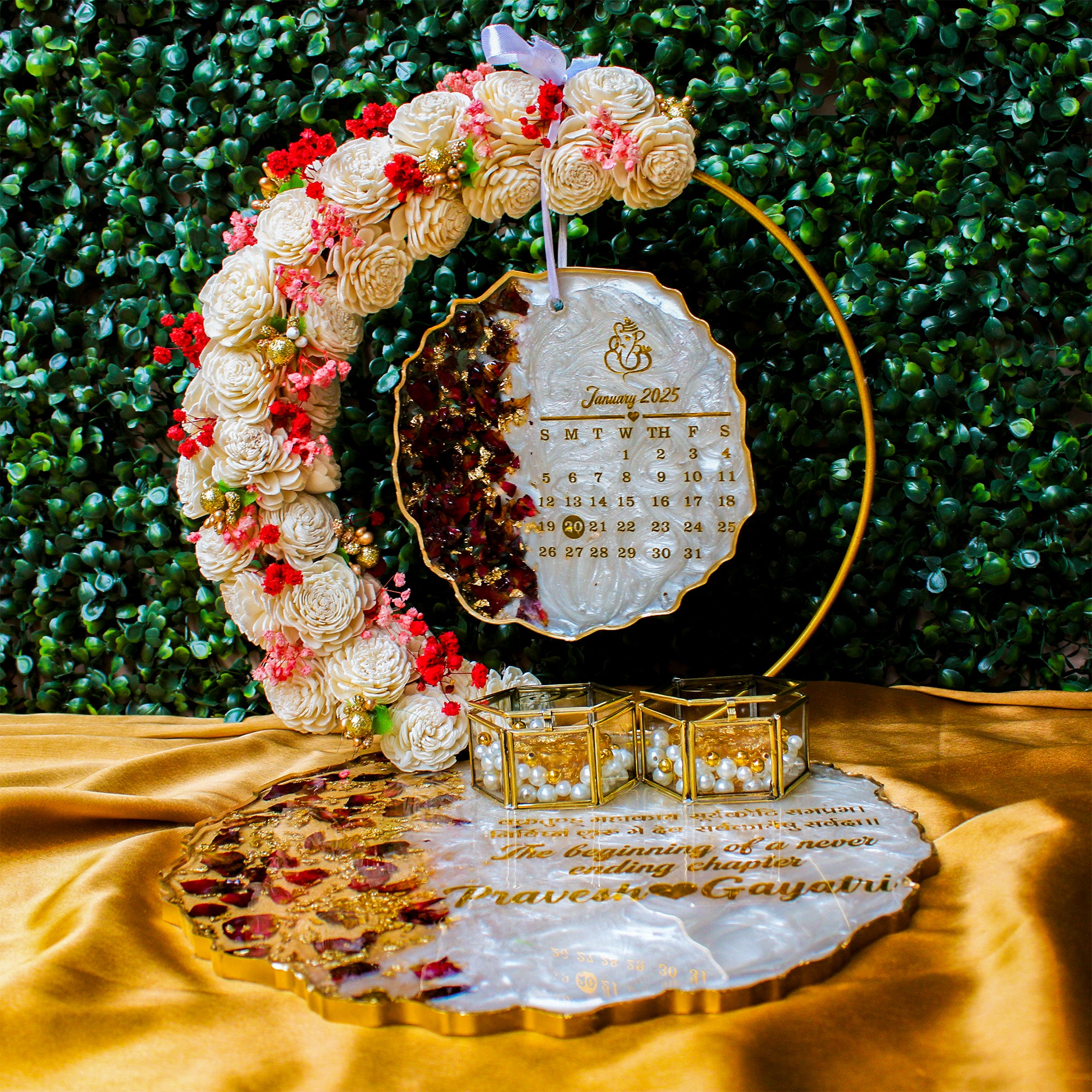 Rezica™ Royal Resin (Royale White N Rose Themed) Wedding Engagement Ring Platter with 2 Premium Ring Boxes and Heavy Flower Hoop