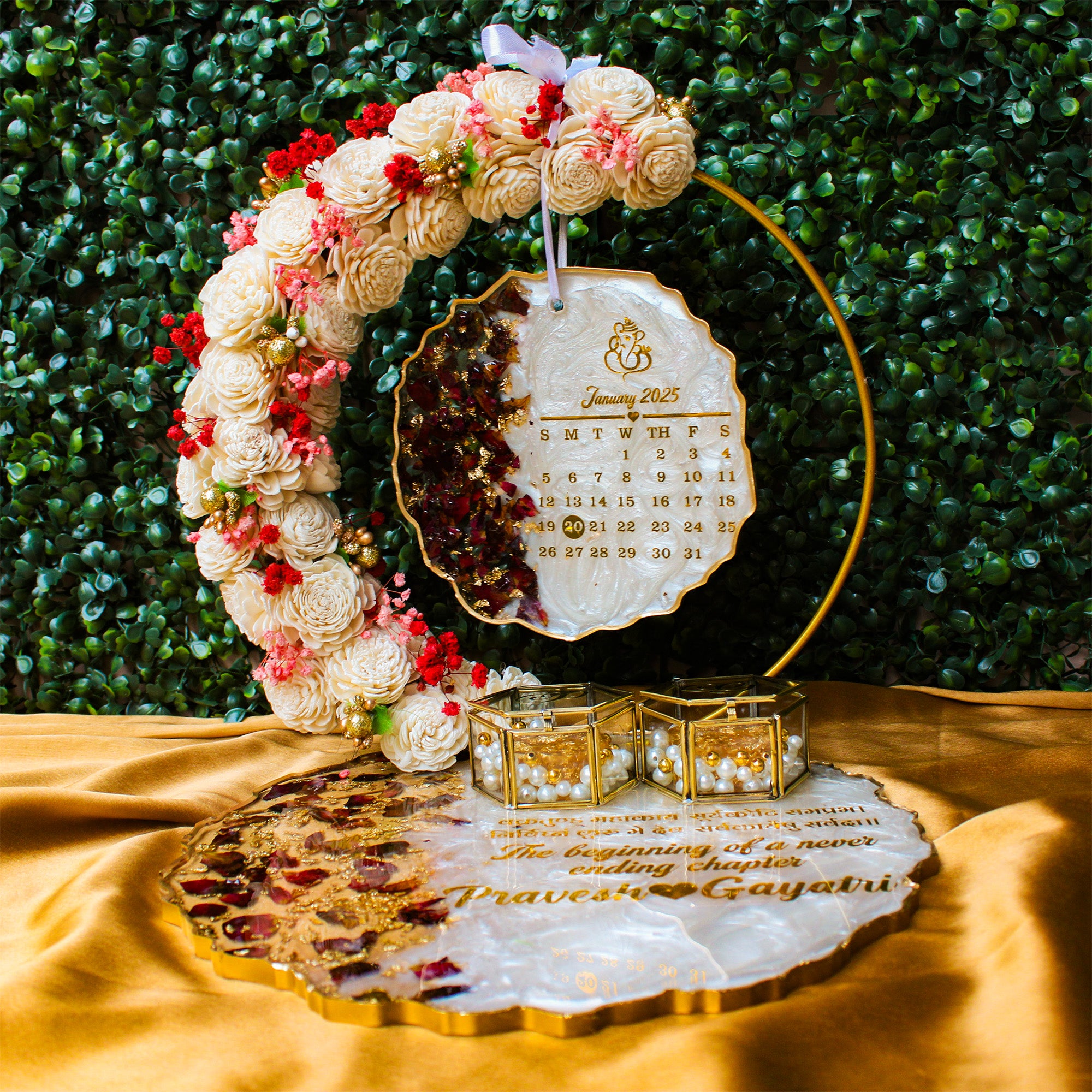 Rezica™ Royal Resin (Royale White N Rose Themed) Wedding Engagement Ring Platter with 2 Premium Ring Boxes and Heavy Flower Hoop