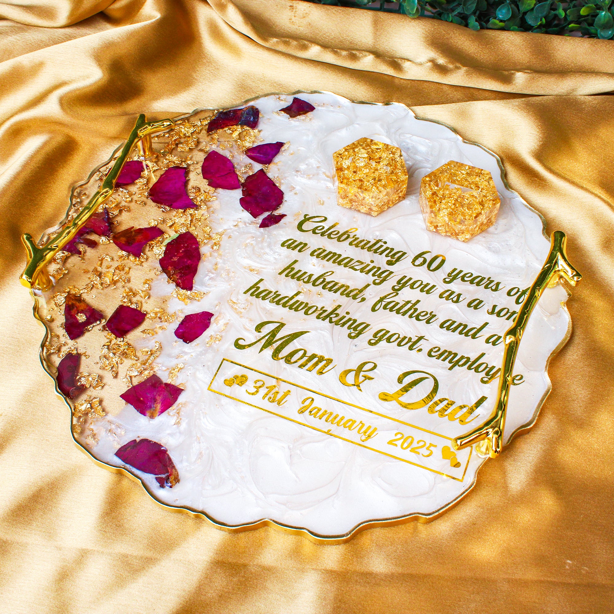 Rezica™ Royal Resin (White Rose Theme) Wedding Engagement Ring Platter with 2 Premium Ring Boxes made with Real Dry Flowers (10 Inches)