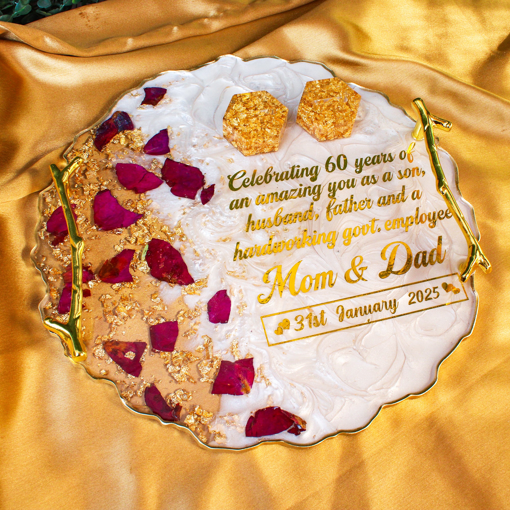 Rezica™ Royal Resin (White Rose Theme) Wedding Engagement Ring Platter with 2 Premium Ring Boxes made with Real Dry Flowers (10 Inches)