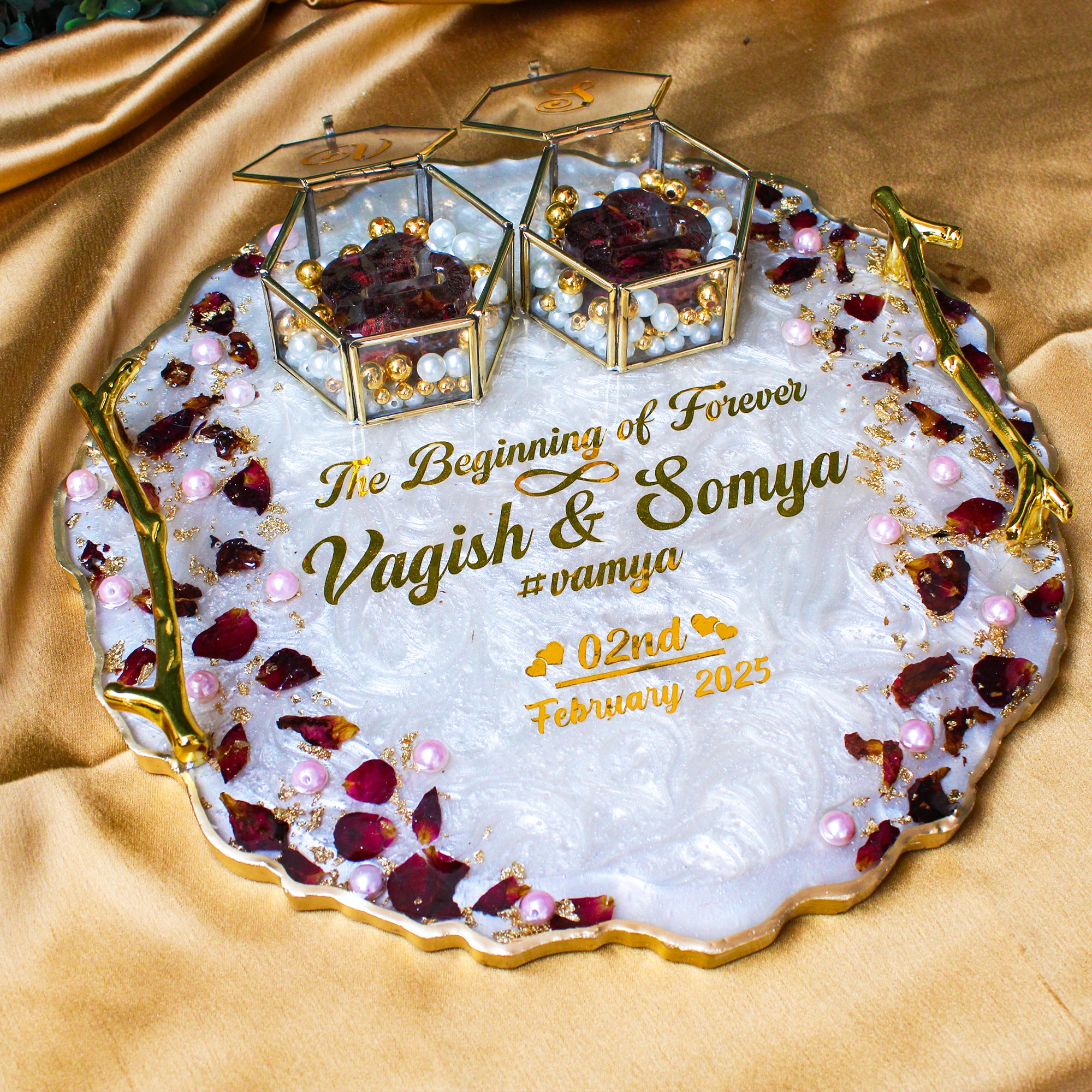 Rezica™ Royal Resin (White n Rose) Wedding Engagement Ring Platter with 2 Premium Ring Boxes made with Real Dry Flowers (10 Inches)