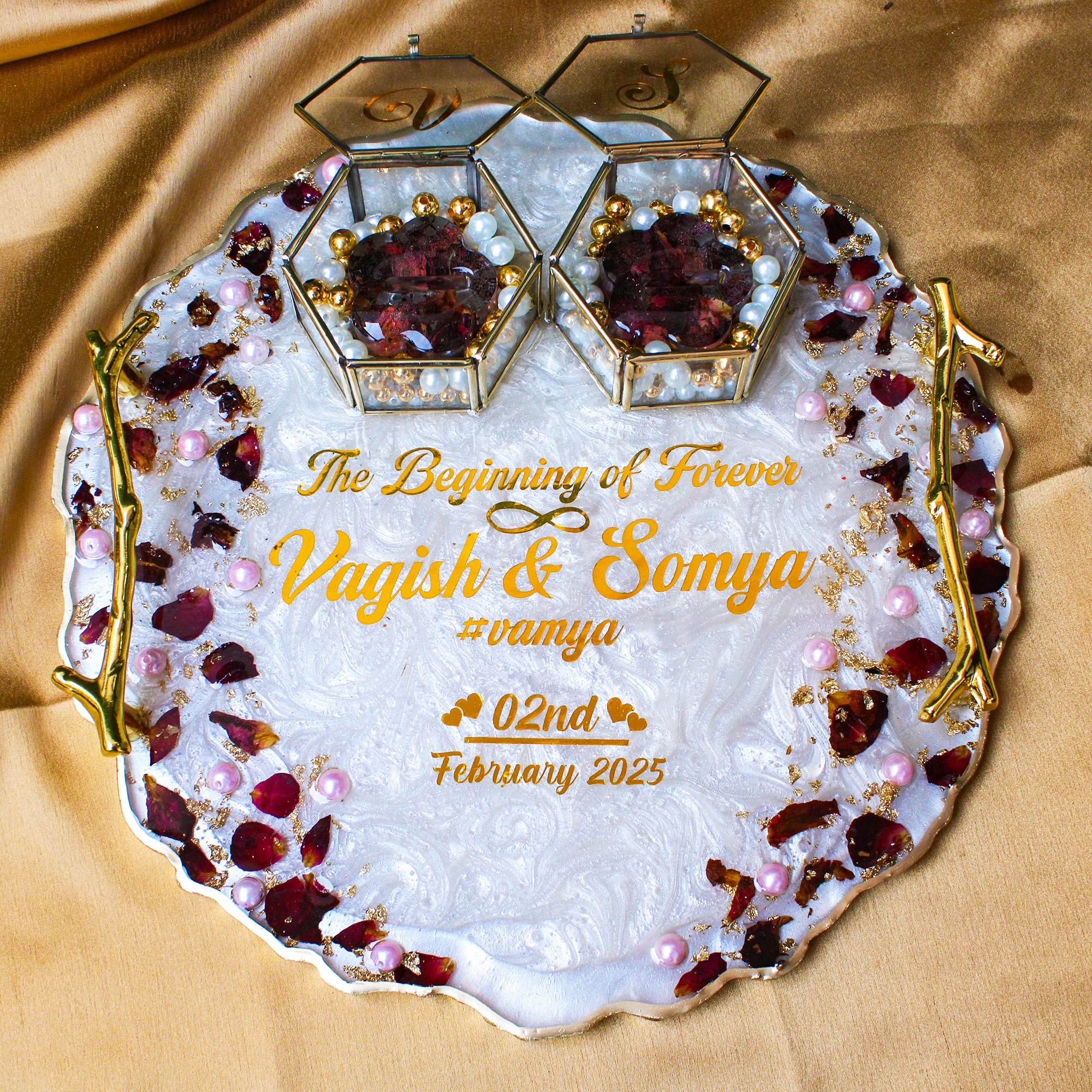 Rezica™ Royal Resin (White n Rose) Wedding Engagement Ring Platter with 2 Premium Ring Boxes made with Real Dry Flowers (10 Inches)