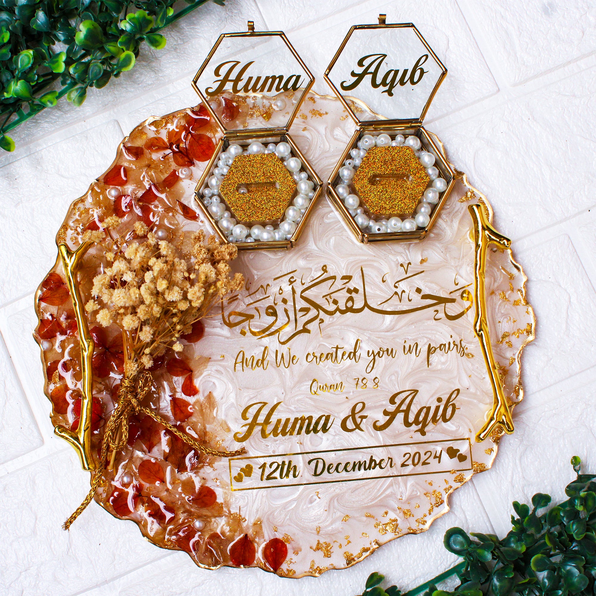 Rezica™ Royal Resin (White Blush Bloom) Wedding Engagement Ring Platter with 2 Premium Ring Boxes made with Real Dry Flowers (10 Inches)