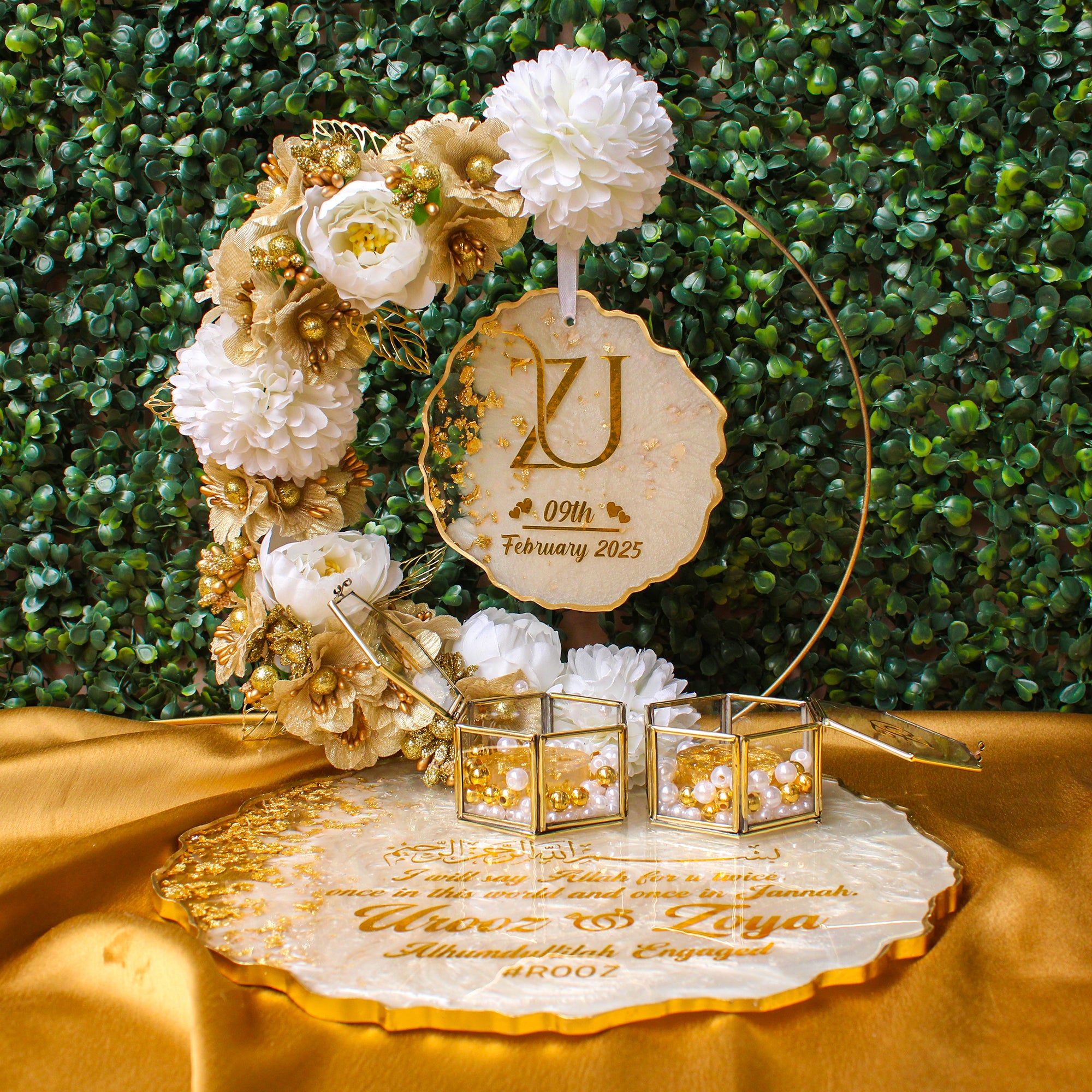 Rezica™ Royal Resin (White Gold Themed) Engagement Ring Platter with 2 Premium Ring Boxes and Heavy Flower Hoop (10 Inch Base)