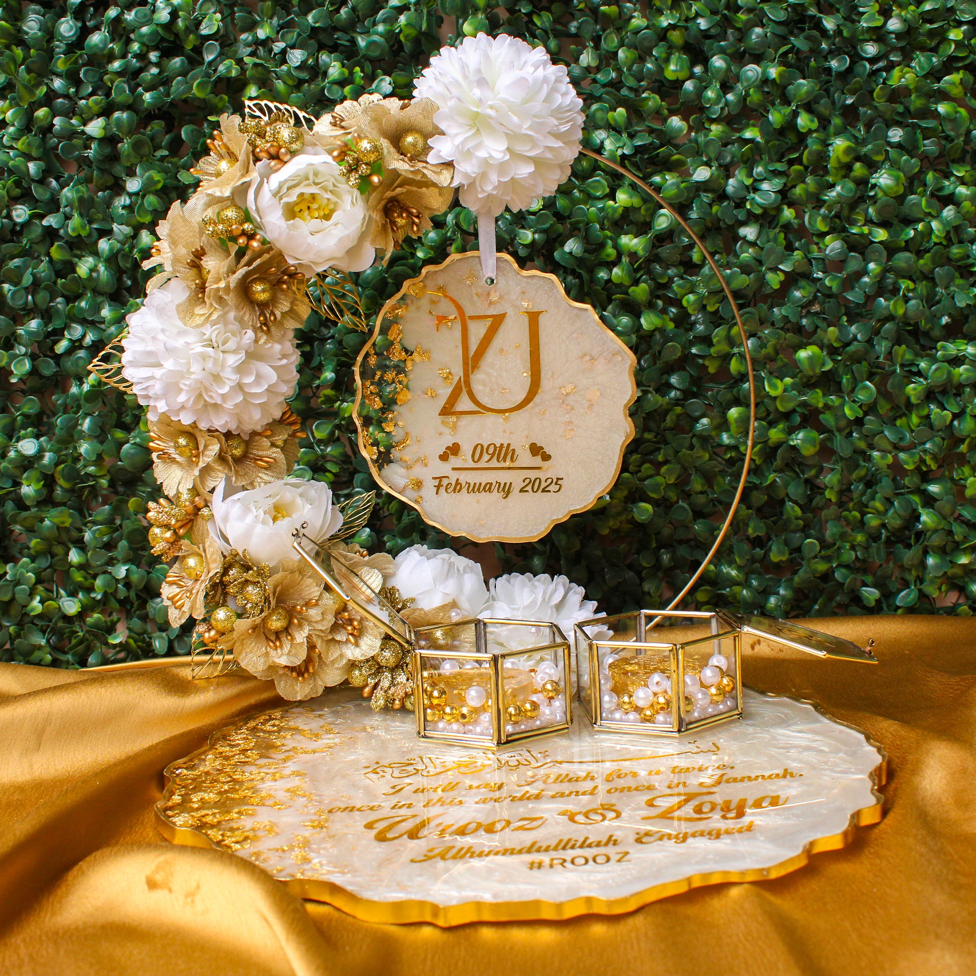 Rezica™ Royal Resin (White Gold Themed) Engagement Ring Platter with 2 Premium Ring Boxes and Heavy Flower Hoop (10 Inch Base)