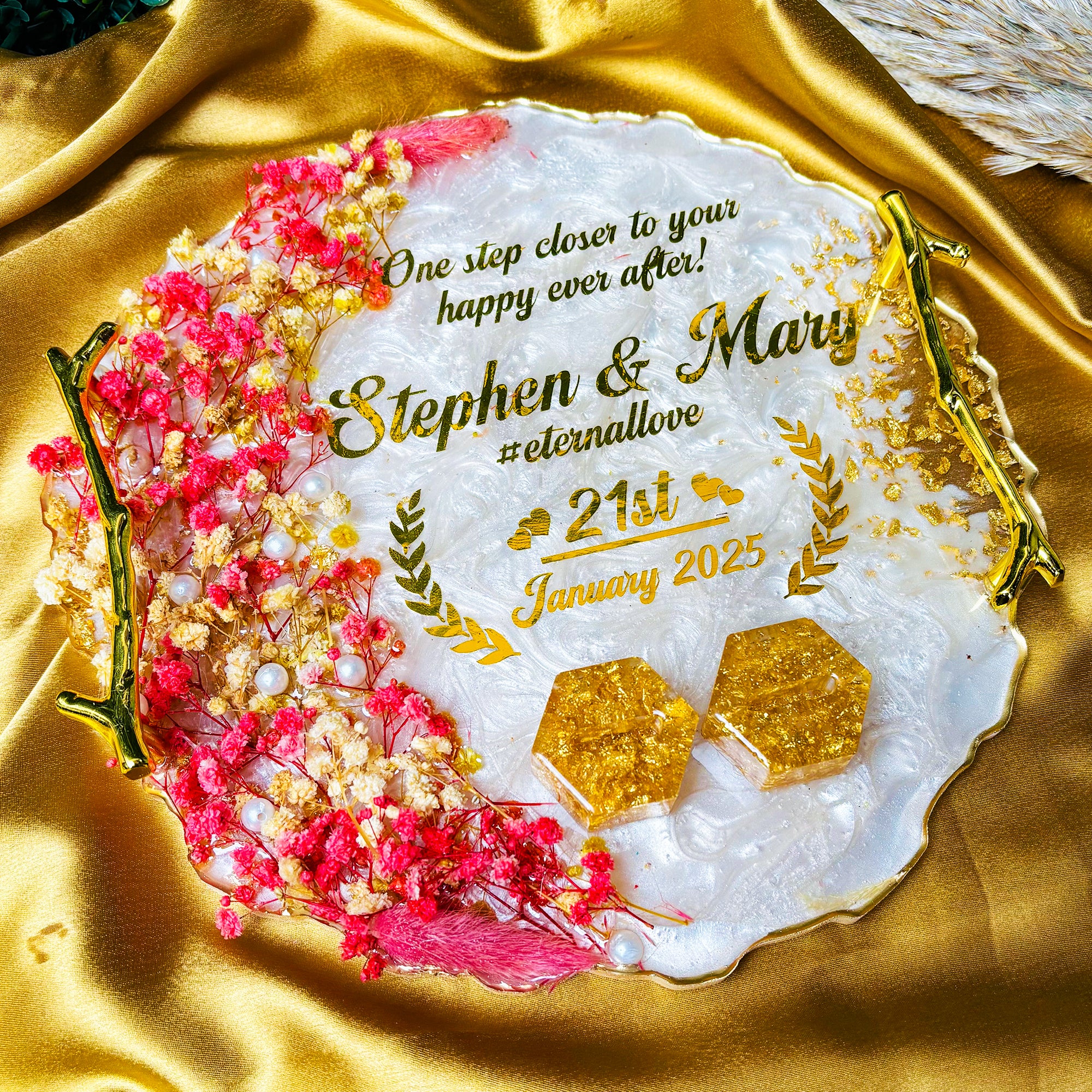 Rezica™ Royal Resin (White Pearl Blush) Wedding Engagement Ring Platter with 2 Premium Ring Boxes made with Real Dry Flowers (10 Inches)