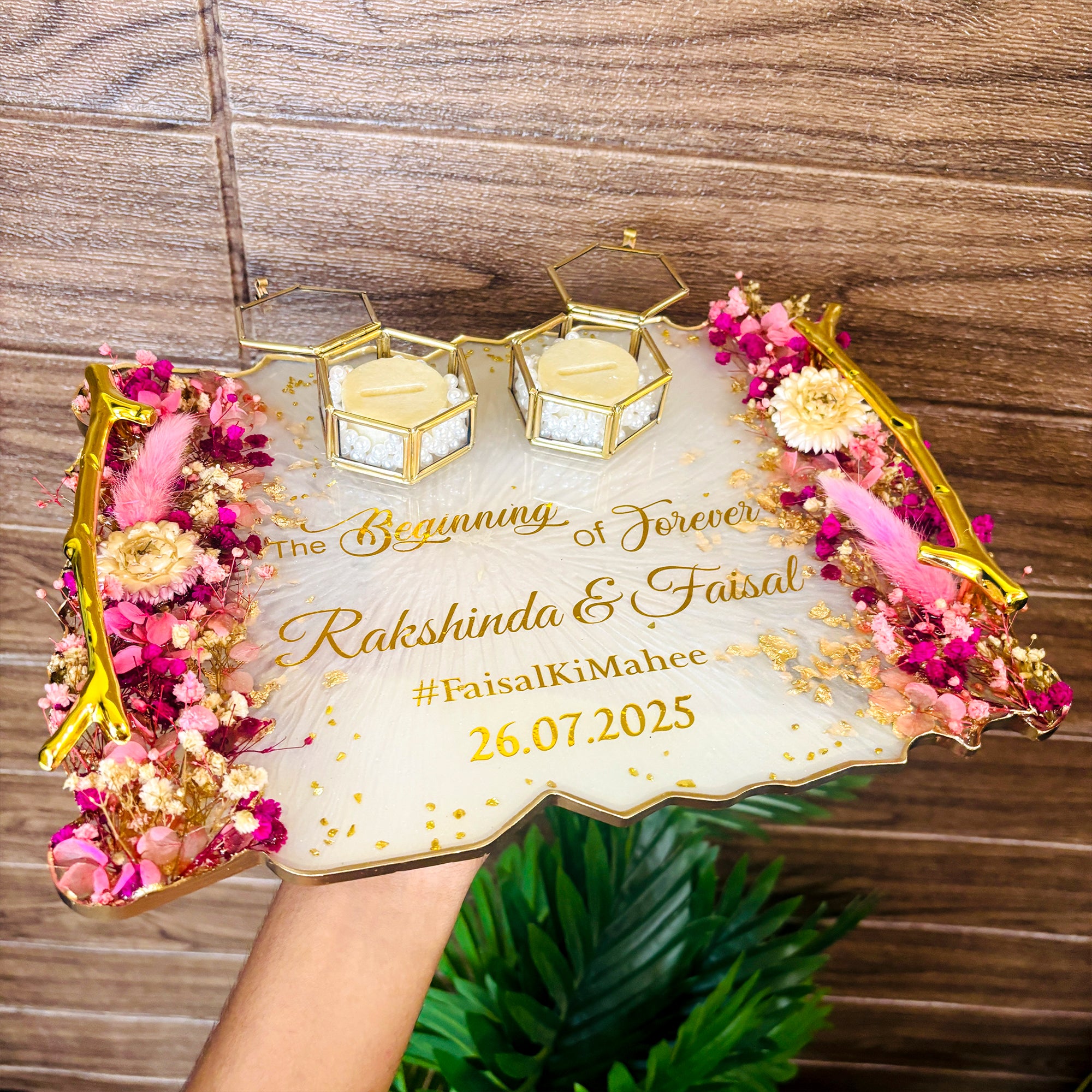 Rezica™ Royal Resin (Pink n White) Wedding Engagement Ring Platter with 2 Premium Ring Boxes made with Real Dry Flowers (9x12 Inches)
