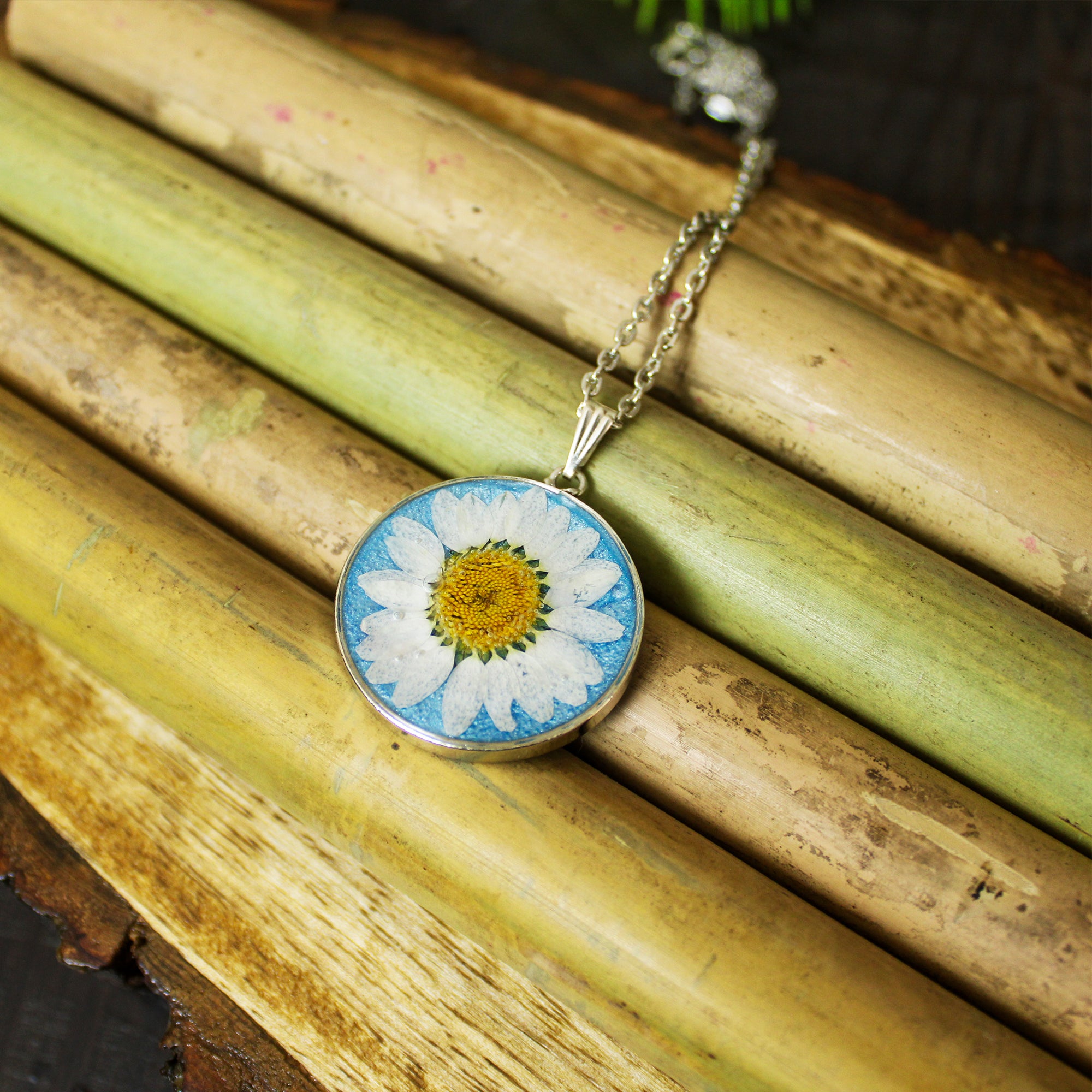 Frosty Blue Real Dried Daisy Flower Pendant