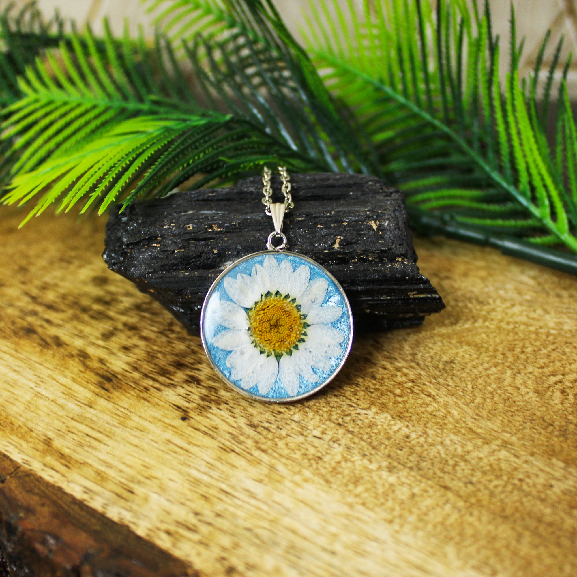 Frosty Blue Real Dried Daisy Flower Pendant