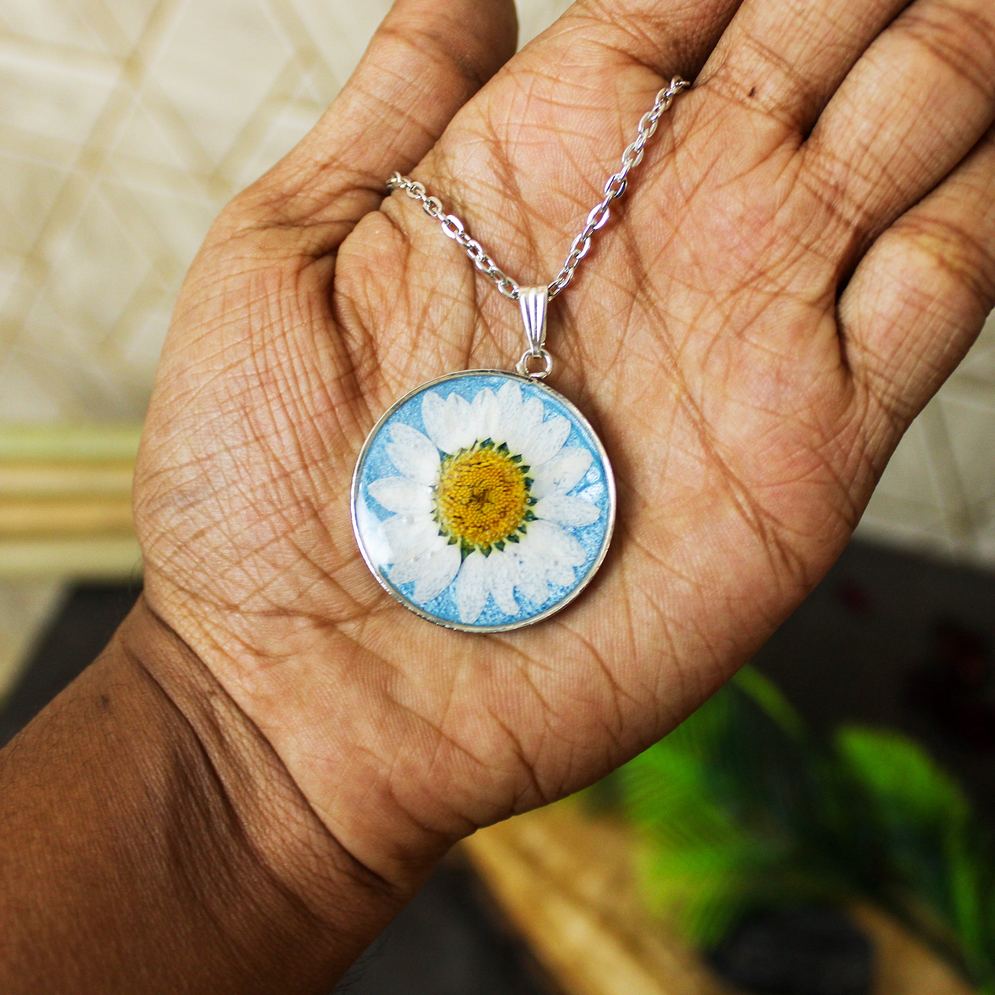 Frosty Blue Real Dried Daisy Flower Pendant
