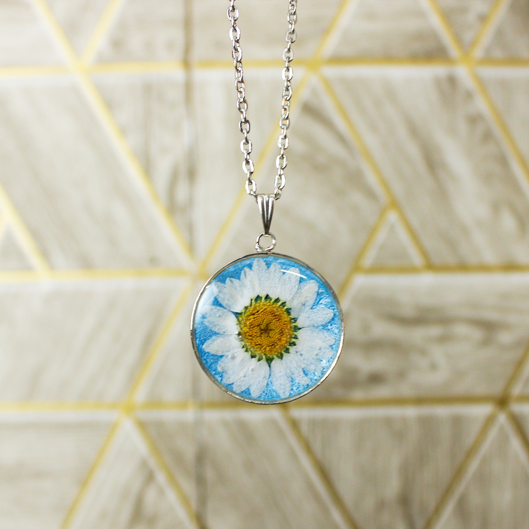 Frosty Blue Real Dried Daisy Flower Pendant