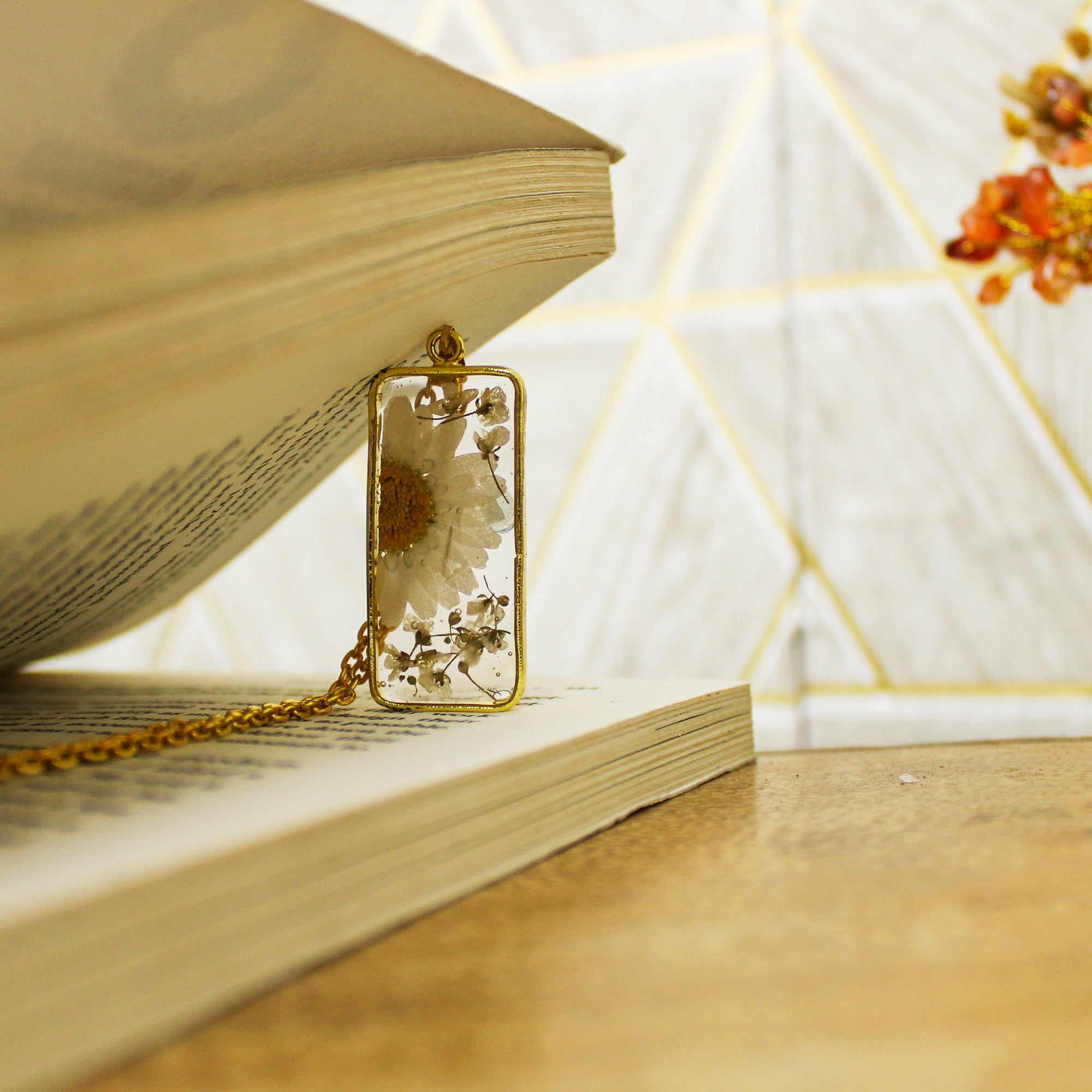 Luminescent Gold Real Dried Daisy Flower Necklace