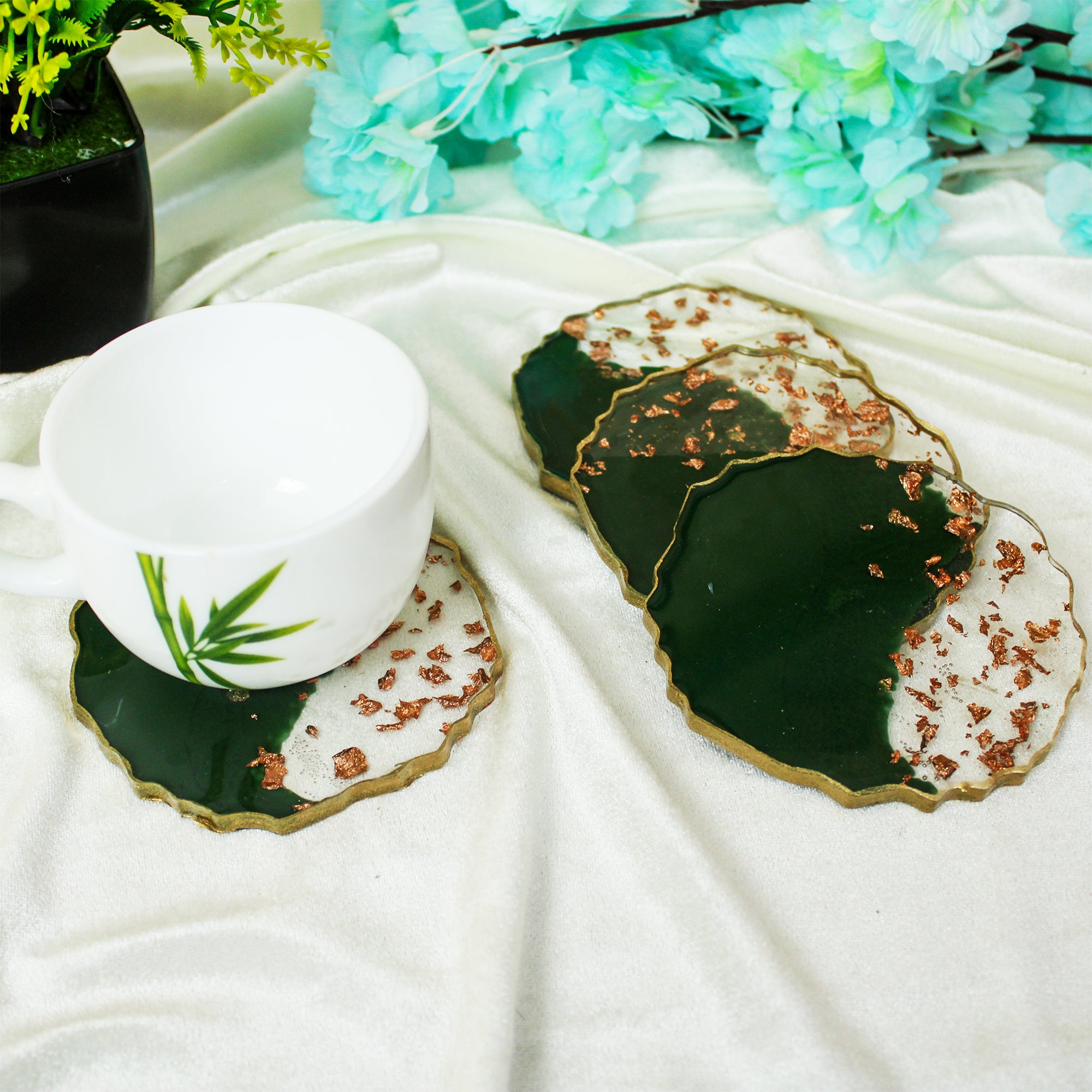 Emerald Gilded Premium Resin Coasters Set