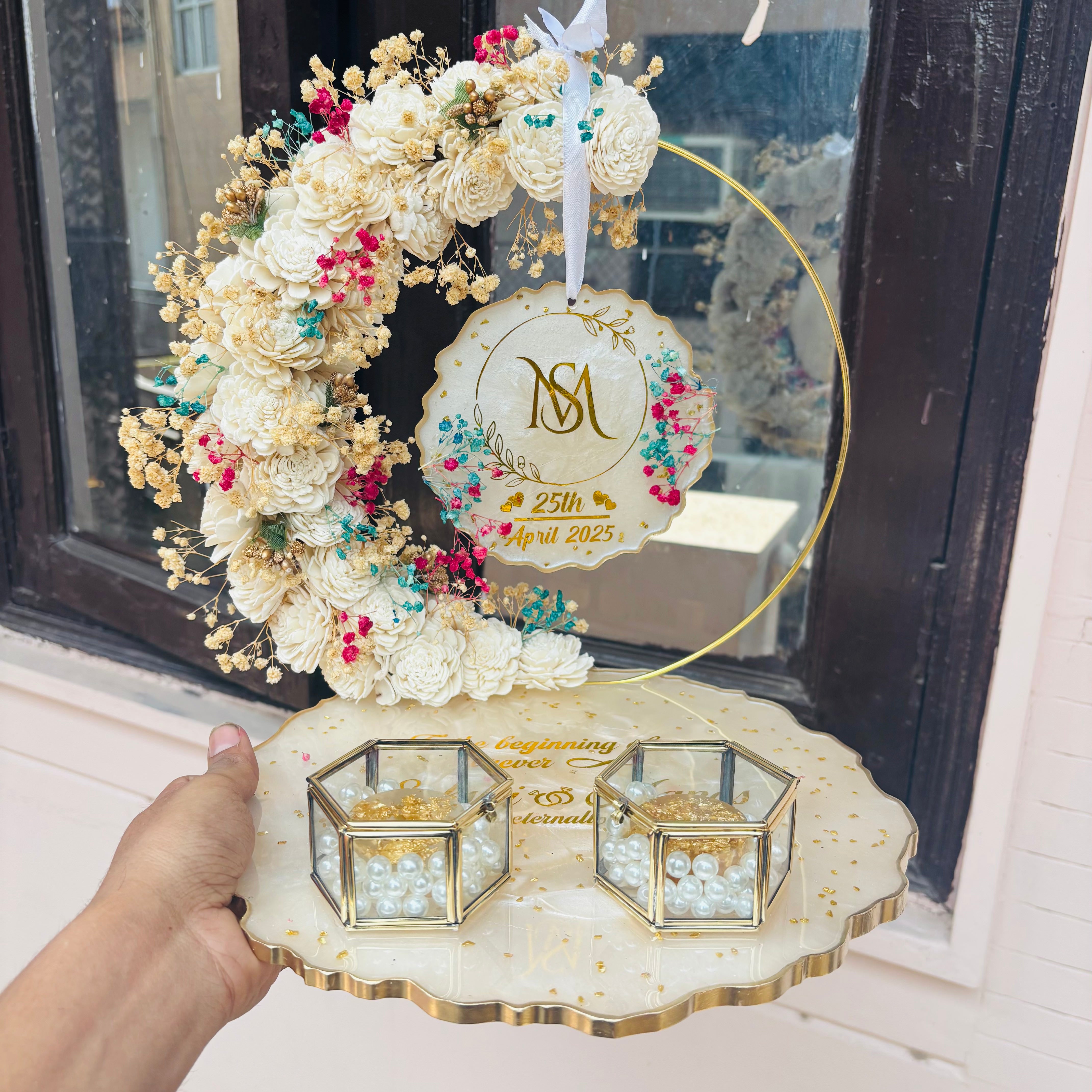 Rezica™ Royal Resin (Off White Themed) Engagement Ring Platter with 2 Premium Ring Boxes and Heavy Flower Hoop (10 Inch Base)