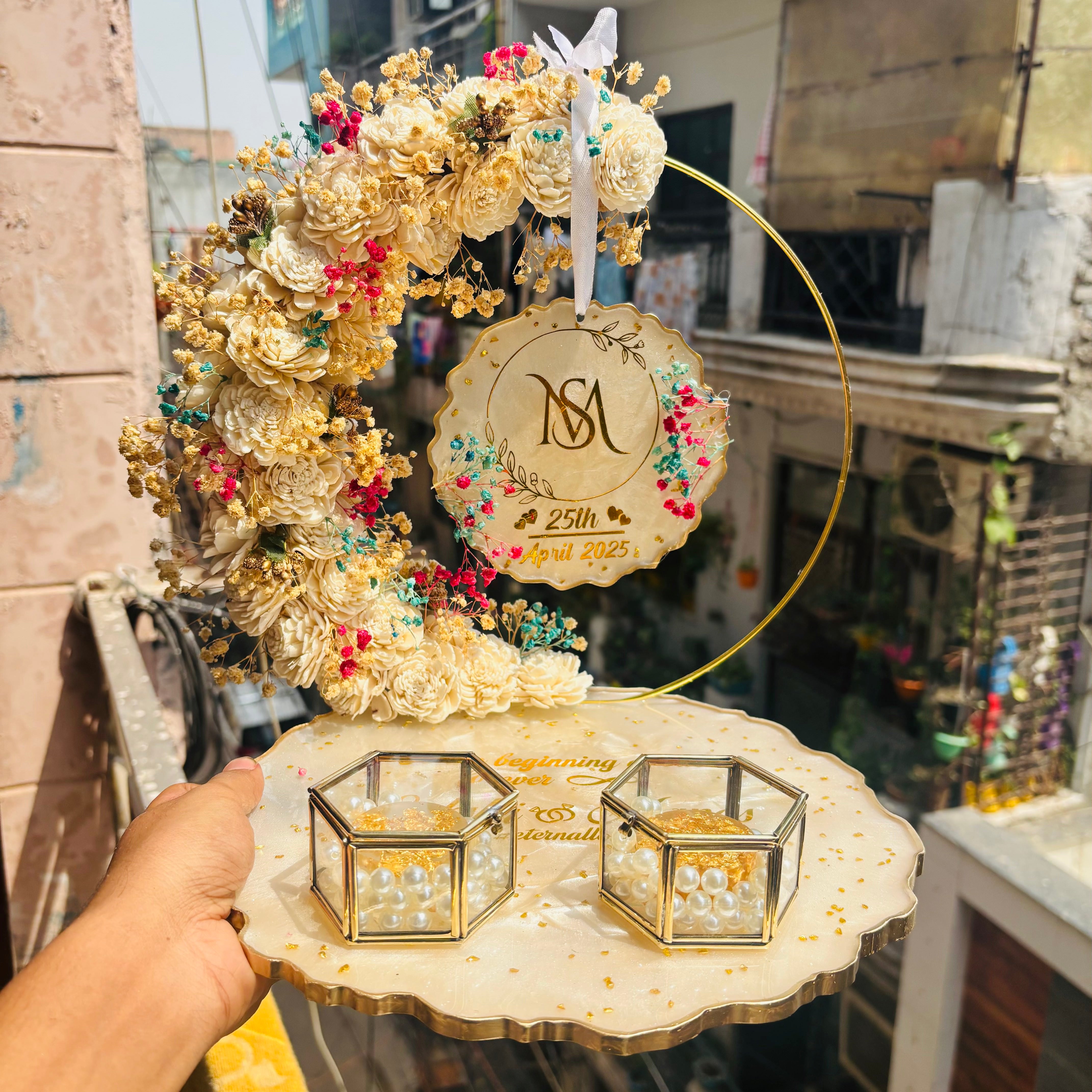 Rezica™ Royal Resin (Off White Themed) Engagement Ring Platter with 2 Premium Ring Boxes and Heavy Flower Hoop (10 Inch Base)