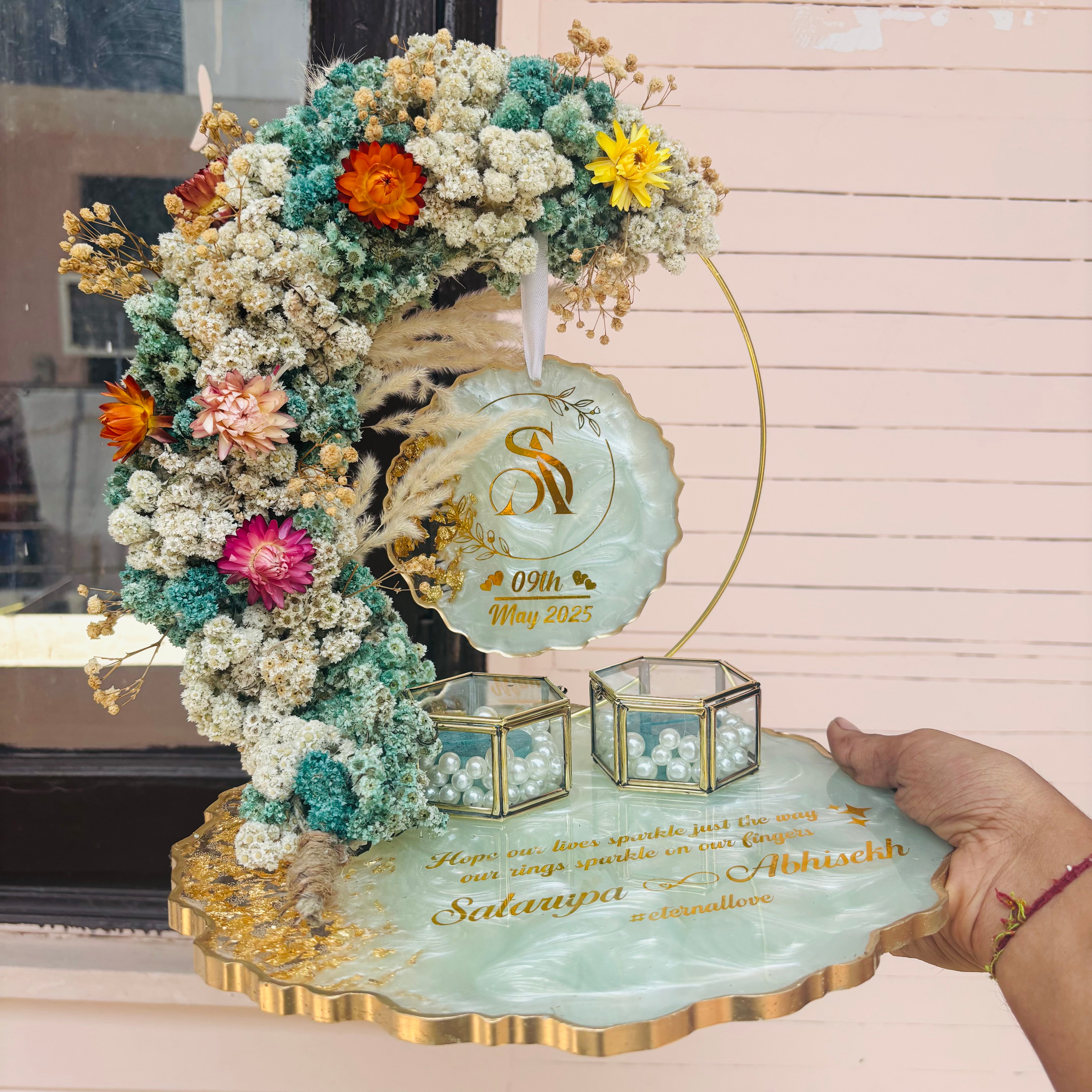 Rezica™ Royal Resin (White N Aqua Royal Floral Themed) Engagement Ring Platter with 2 Premium Ring Boxes and Heavy Flower Hoop (10 Inch Base)