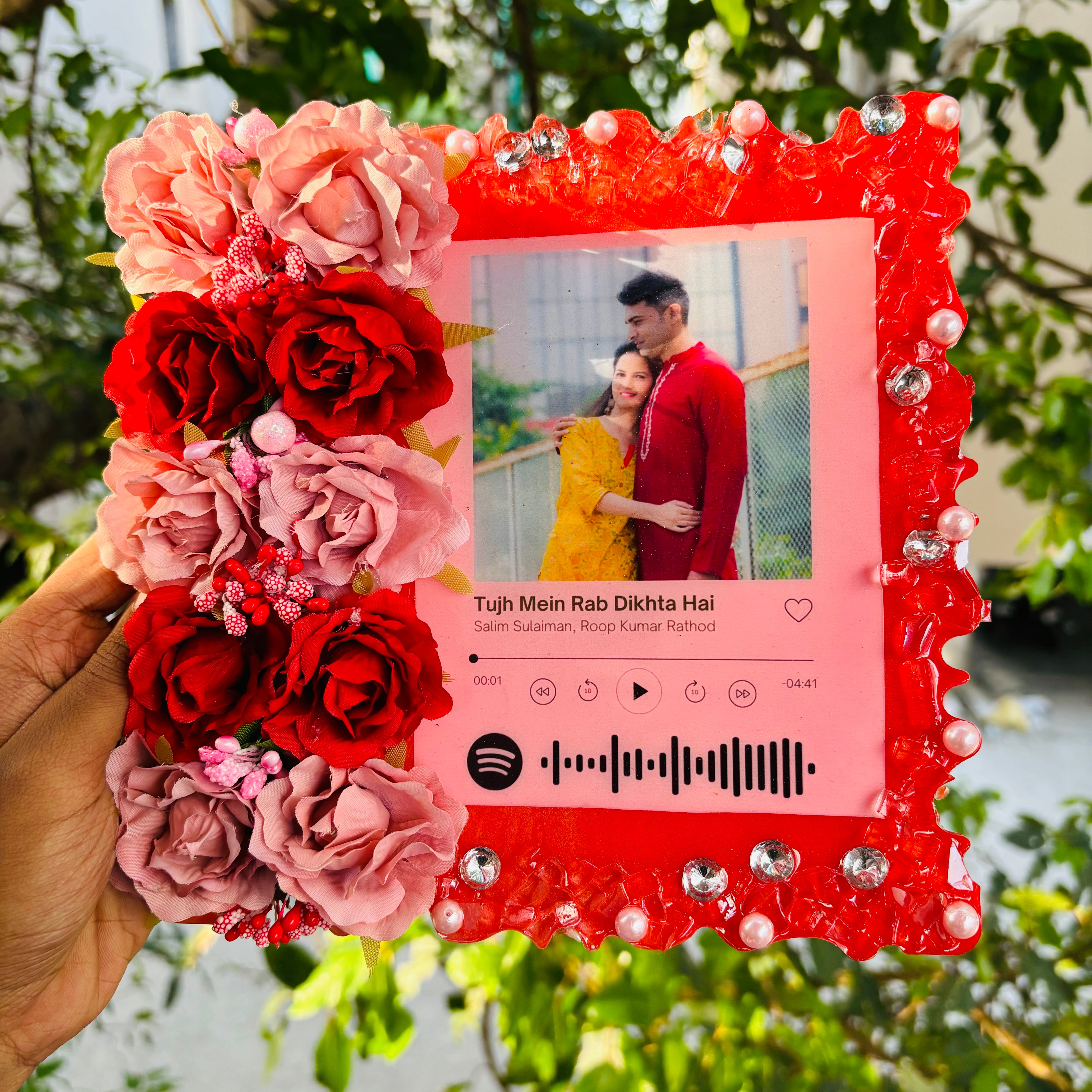 Radiant Rose Red and Pink Customized Photo Frame 8 Inches with Golden Stand
