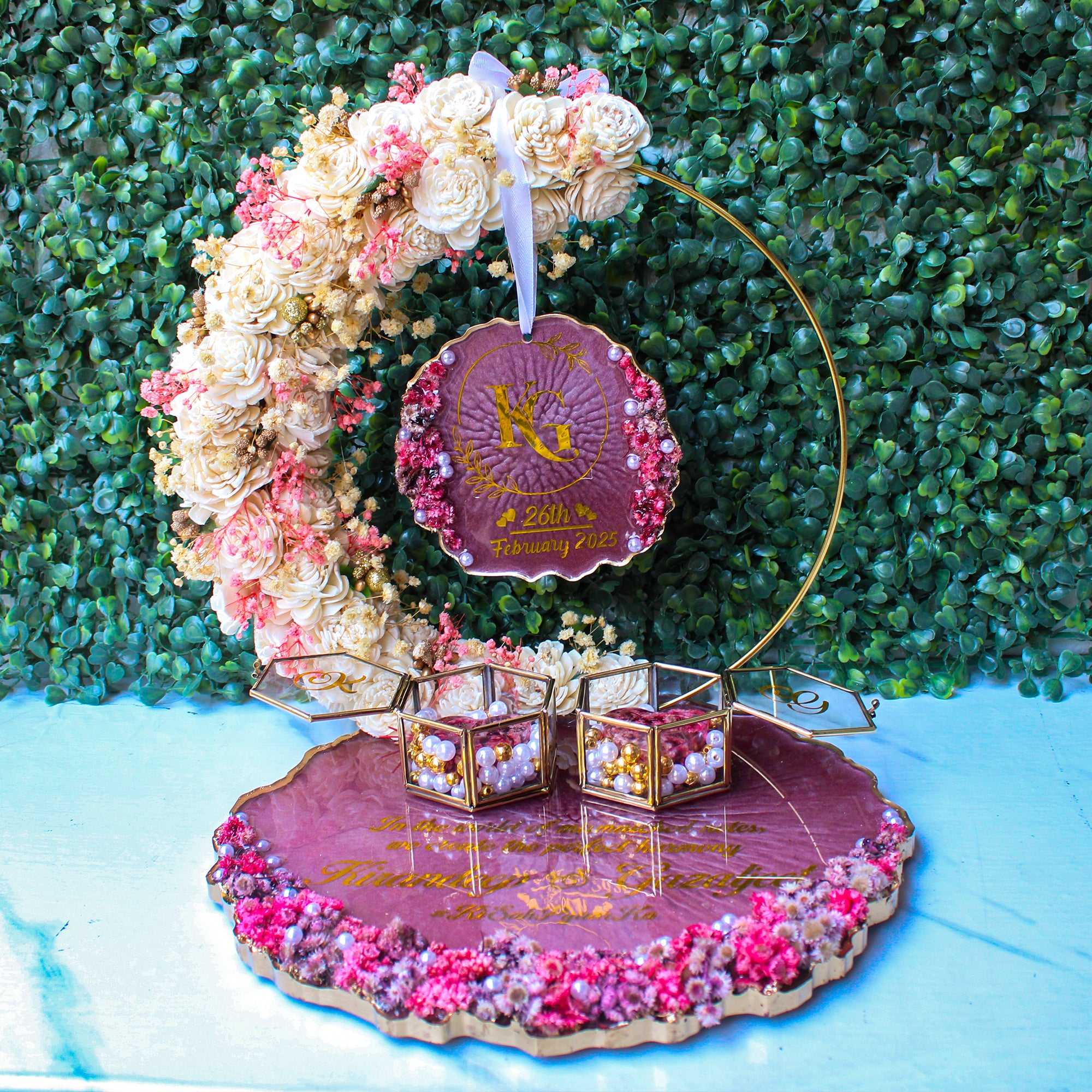 Rezica™ Royal Resin (Maroon White Themed) Engagement Ring Platter with 2 Premium Ring Boxes and Heavy Flower Hoop (10 Inch Base)