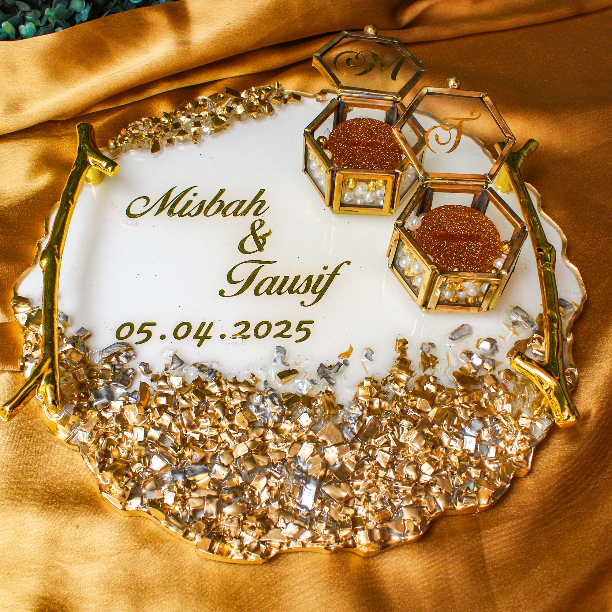 Rezica™ Royal Resin (White Gold Themed) Wedding Engagement Ring Platter with 2 Premium Ring Boxes made with Real Dry Flowers (10 Inches)