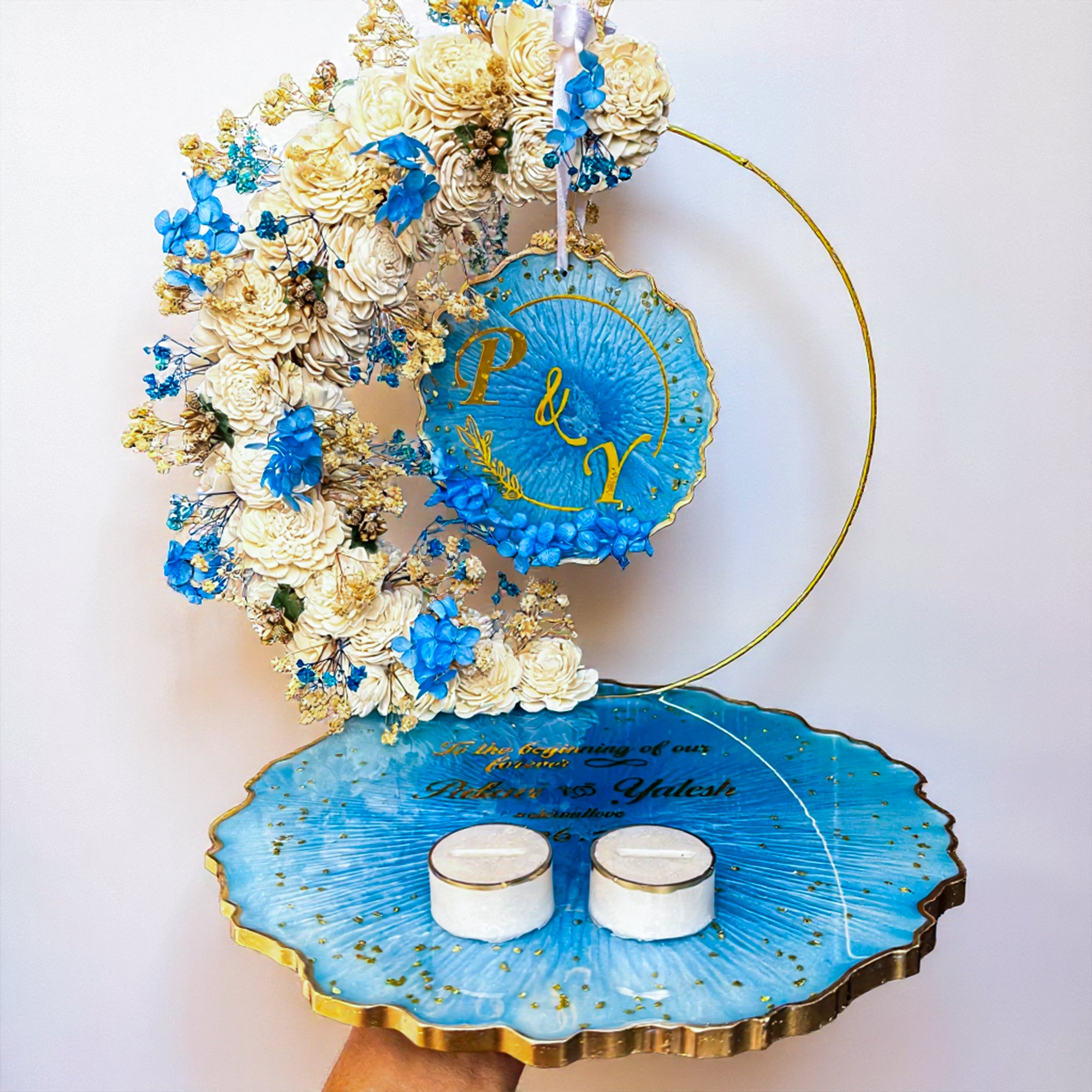 Rezica™ Royal Resin (White n Blue ) Engagement Ring Platter with 2 Premium Ring Boxes and Heavy Flower Hoop (10 Inch Base)