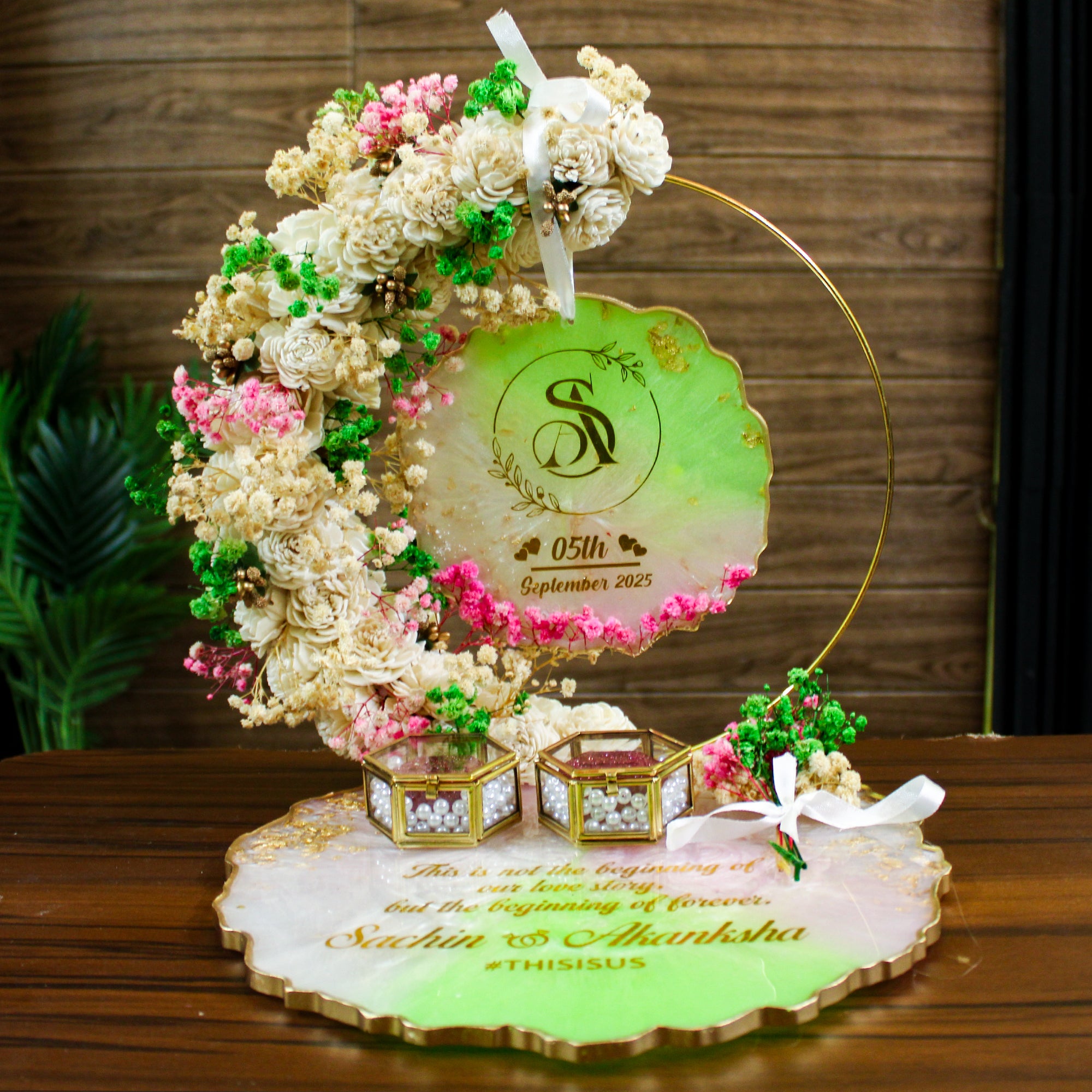 Rezica™ Royal Resin (White n Lime ) Engagement Ring Platter with 2 Premium Ring Boxes and Heavy Flower Hoop (10 Inch Base)