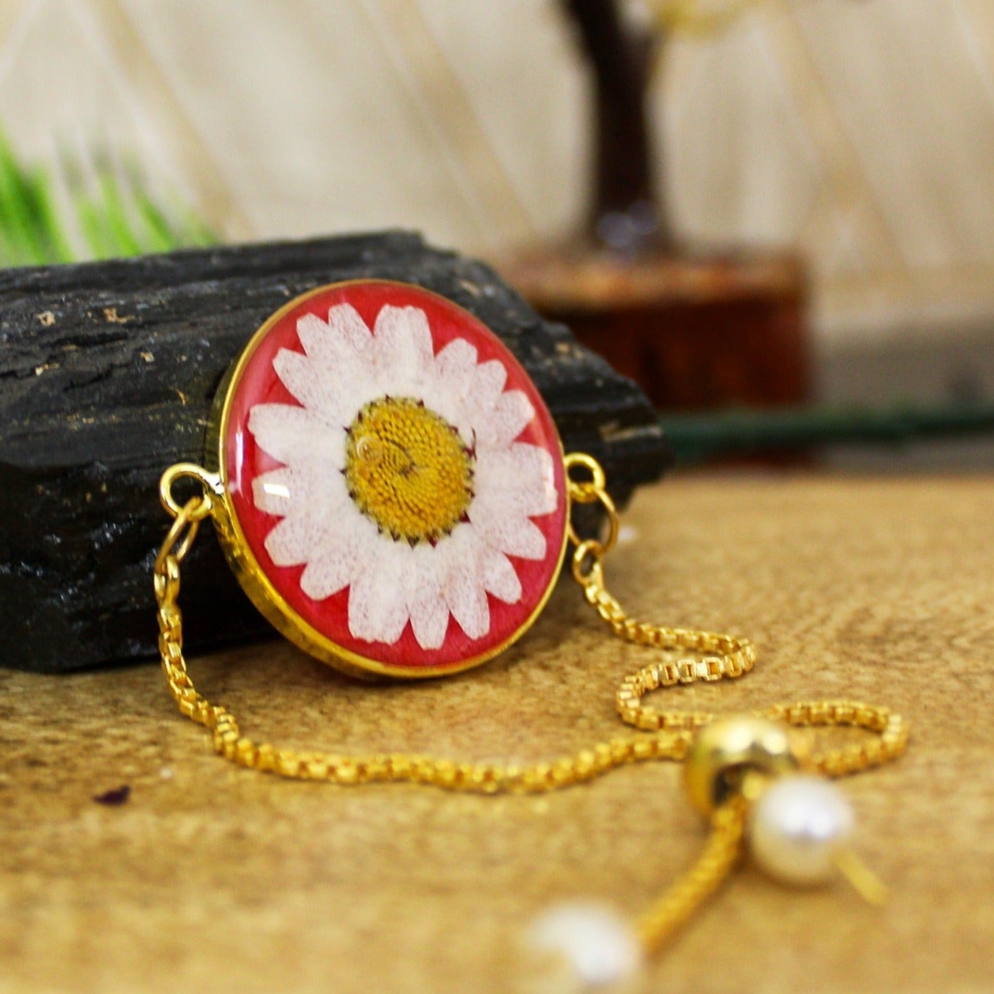 Carmine Petal Passion Bracelet with Real Daisy Flower