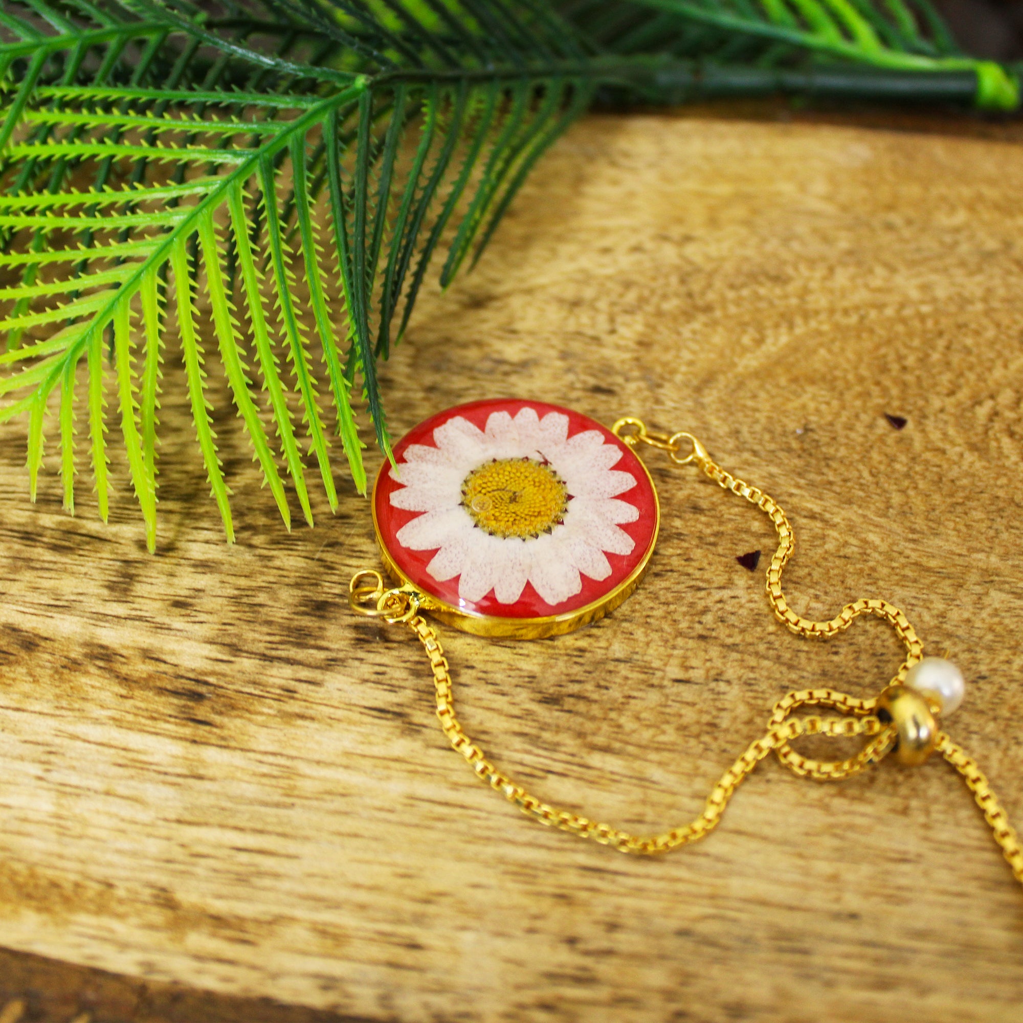 Carmine Petal Passion Bracelet with Real Daisy Flower