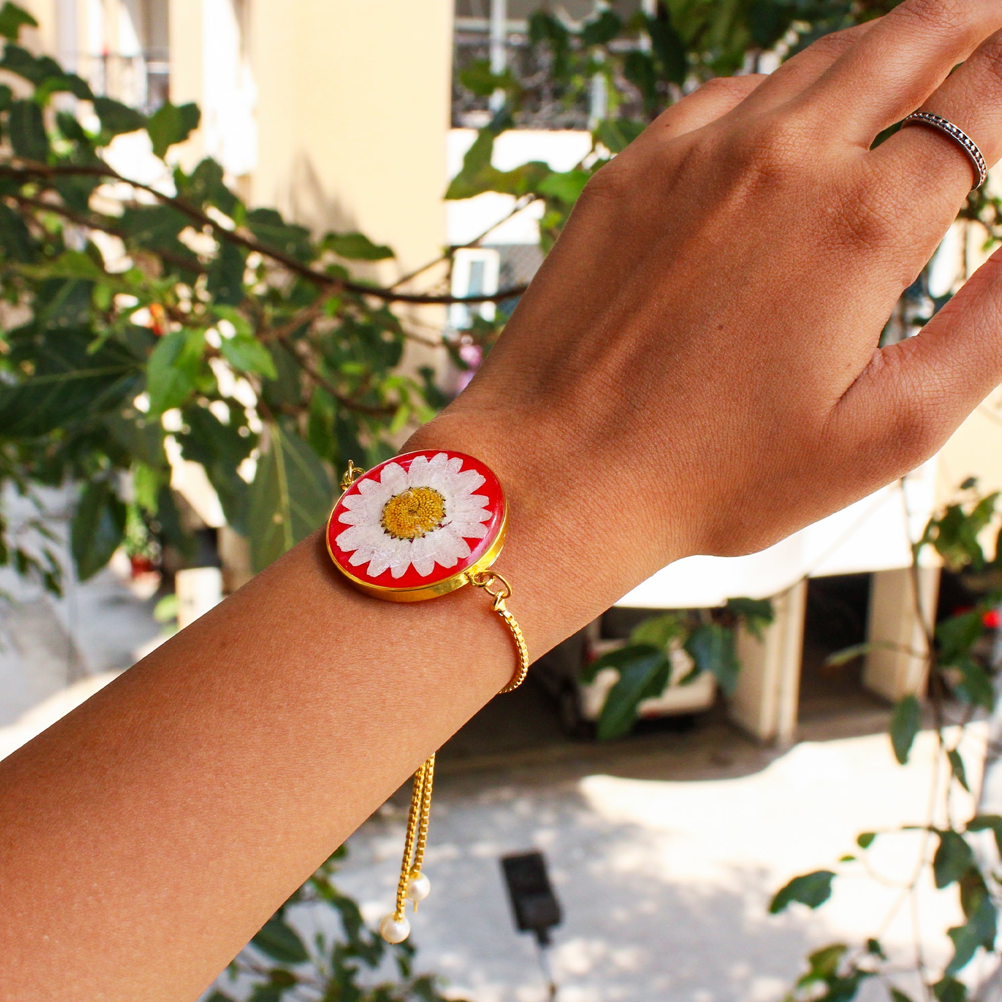 Carmine Petal Passion Bracelet with Real Daisy Flower