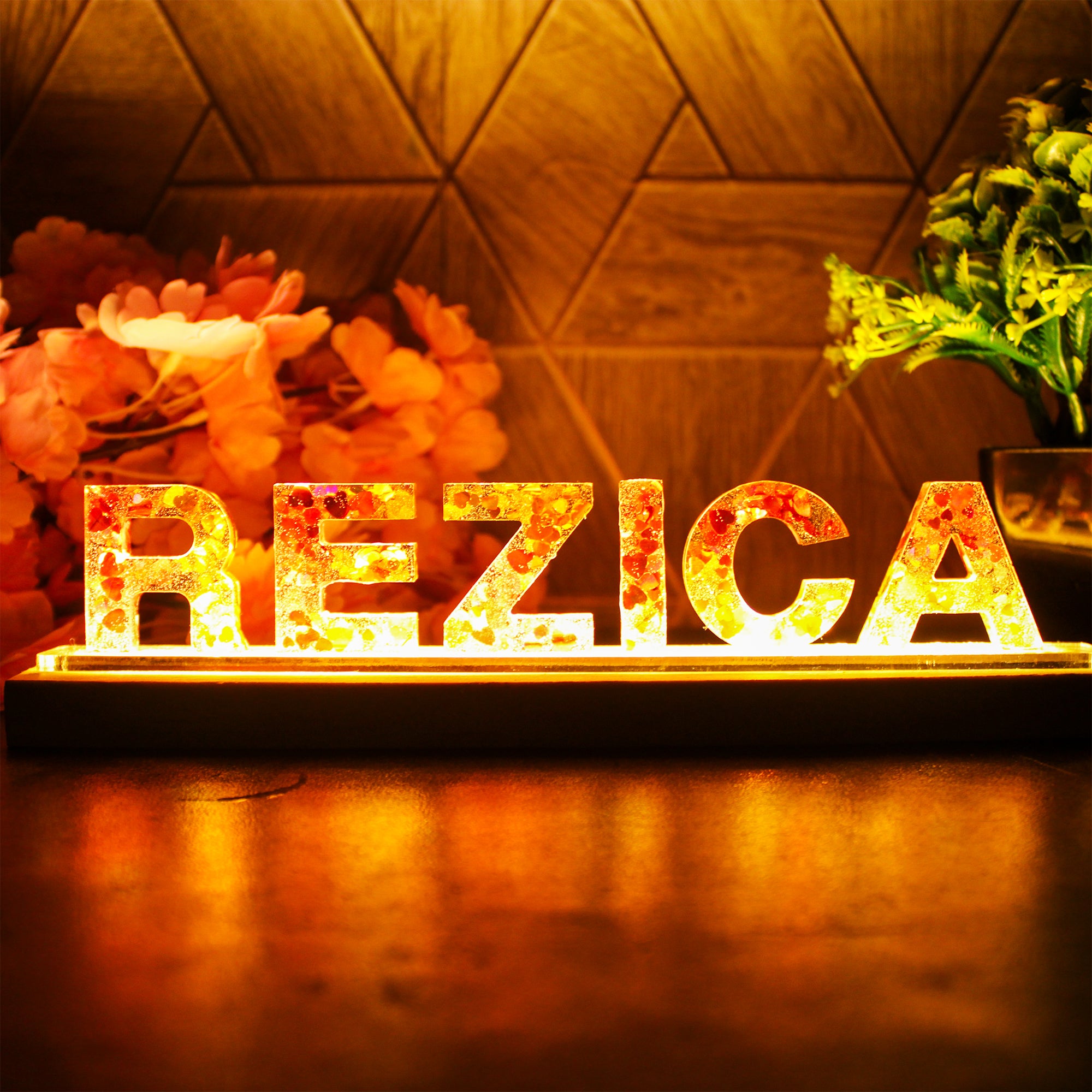 Rezica™ Led Name Lamp with Pinewood Stand