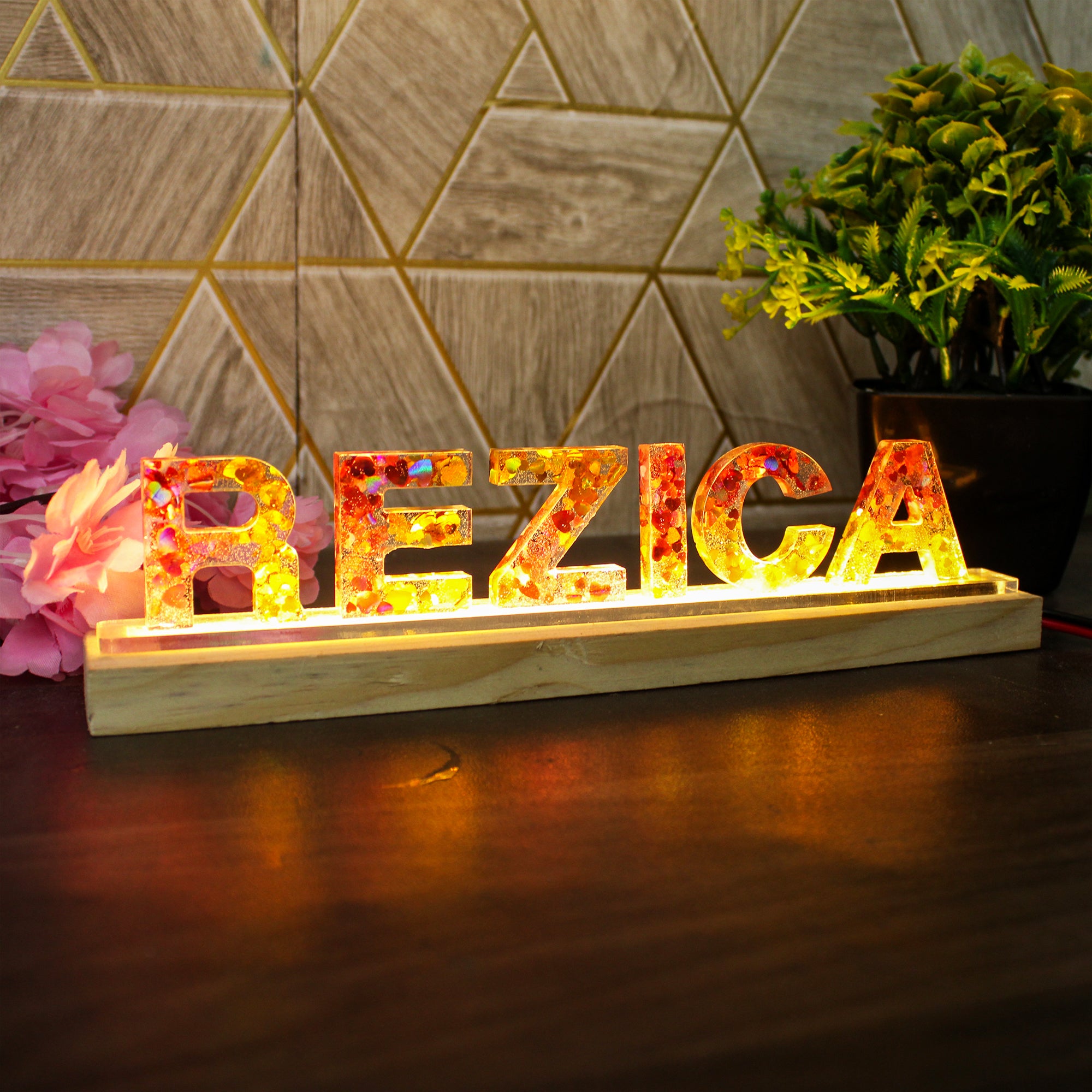 Glimmer Glow Name Stand with Pinewood Led Light (Adaptor Included) For Gifting, Home Decor