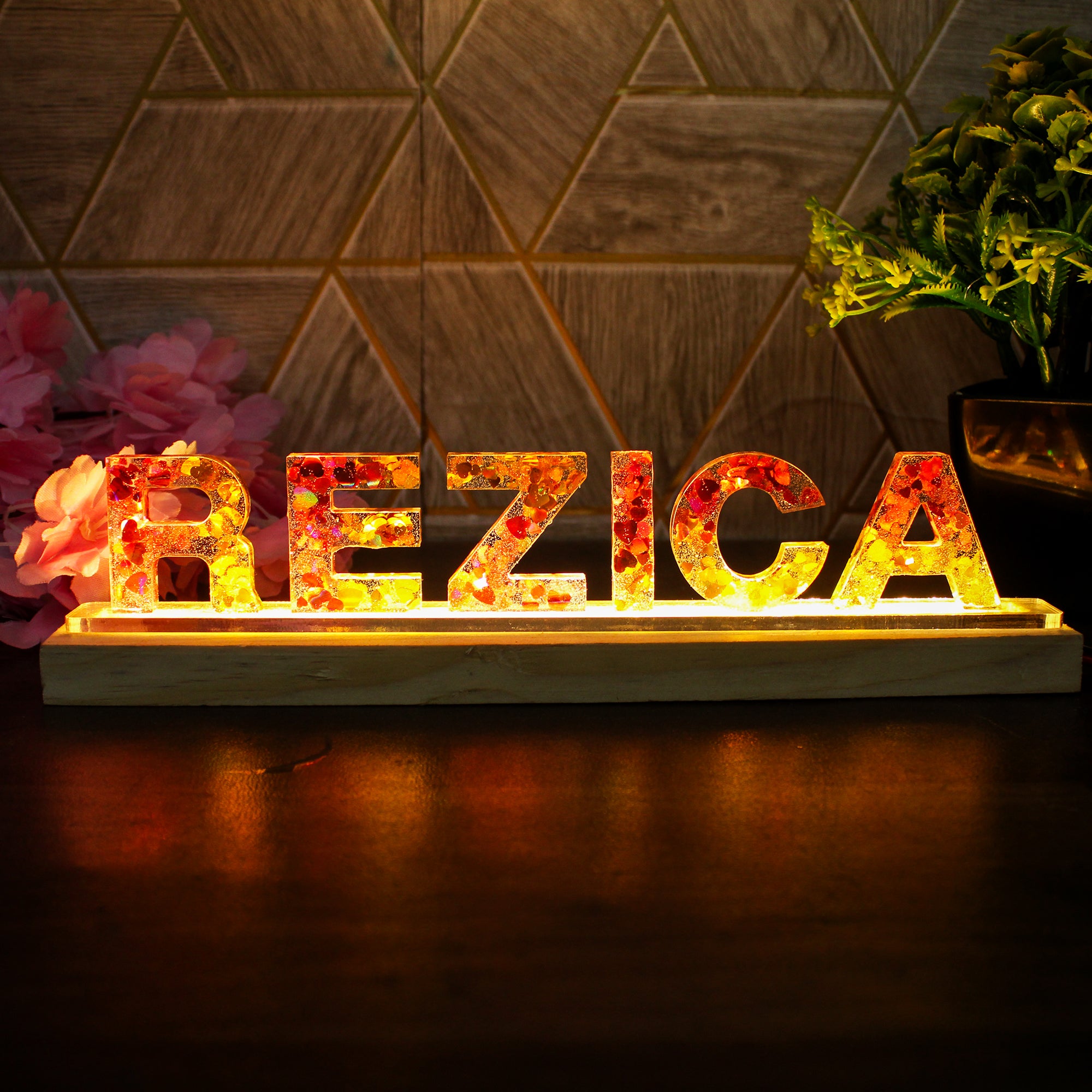 Glimmer Glow Name Stand with Pinewood Led Light (Adaptor Included) For Gifting, Home Decor