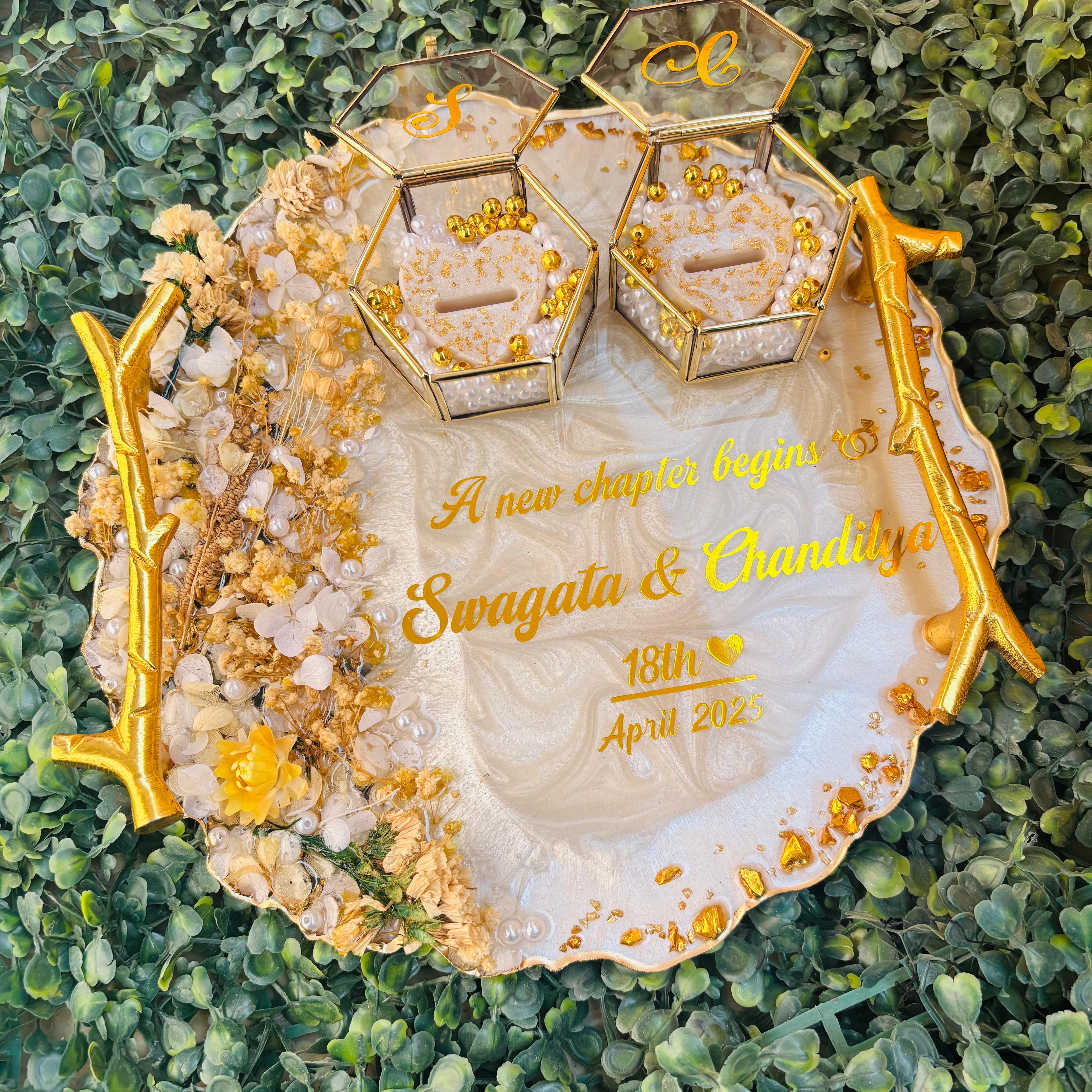 Rezica™ Royal Resin (White N Beige) Wedding Engagement Ring Platter with 2 Premium Ring Boxes made with Real Dry Flowers (10 Inches)