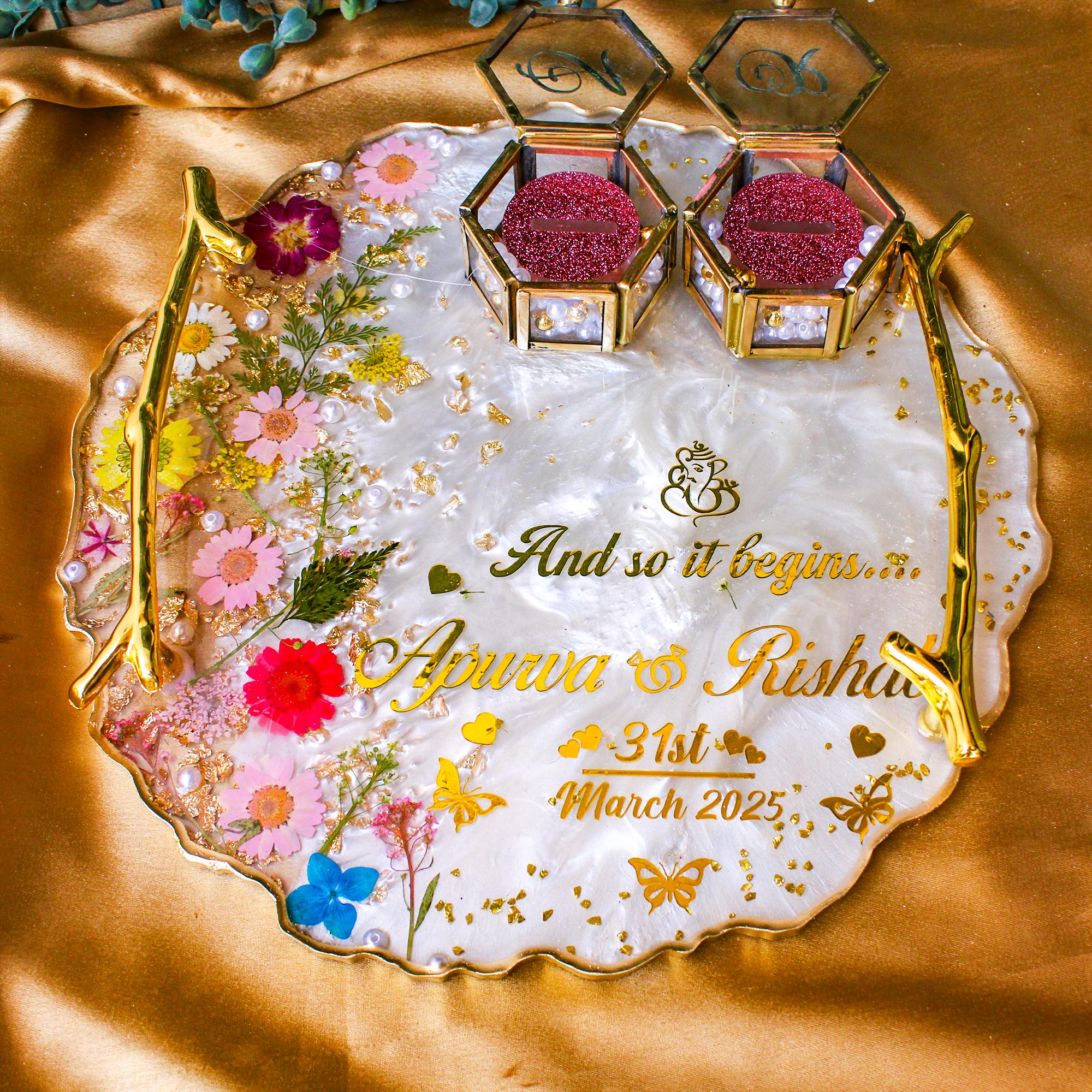Rezica™ Royal Resin (White Floral Themed) Wedding Engagement Ring Platter with 2 Premium Ring Boxes made with Real Dry Flowers (10 Inches)
