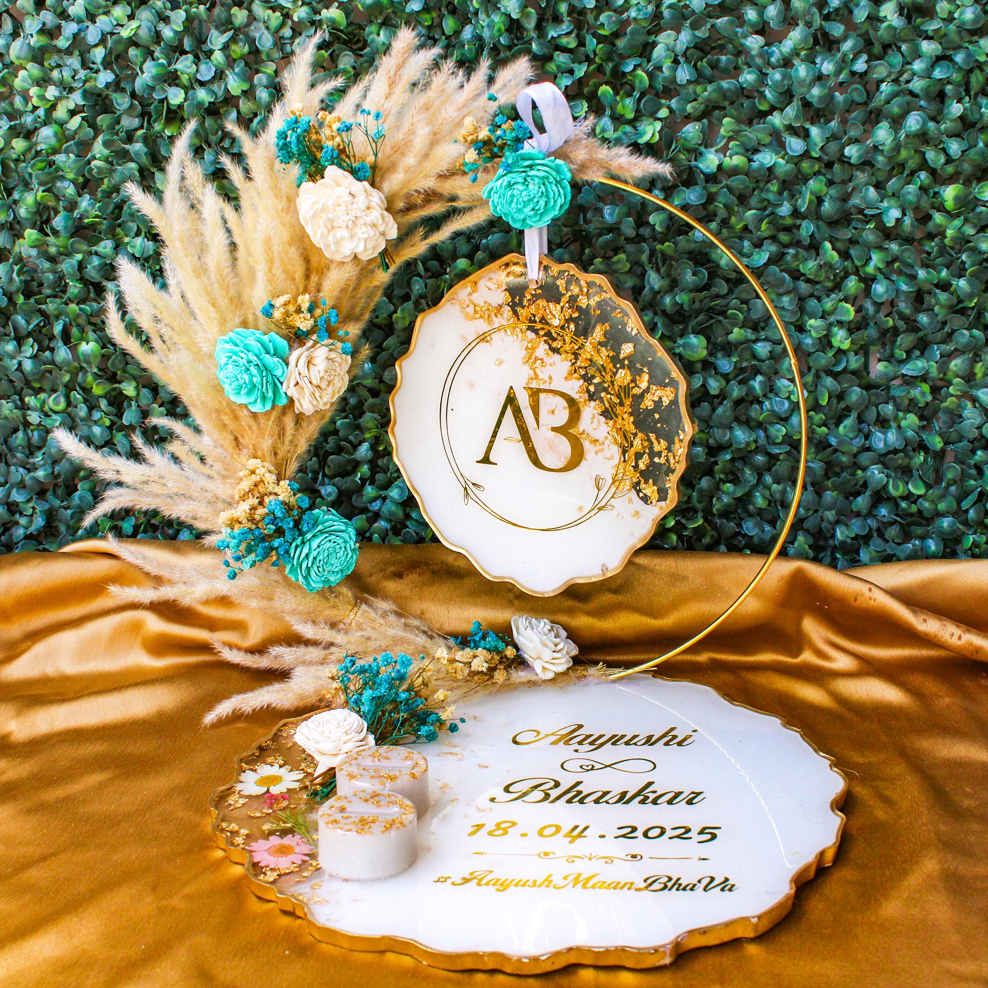 Rezica™ Royal Resin (Aqua n White Premium Themed) Engagement Ring Platter with 2 Premium Ring Boxes and Heavy Flower Hoop (10 Inch Base)