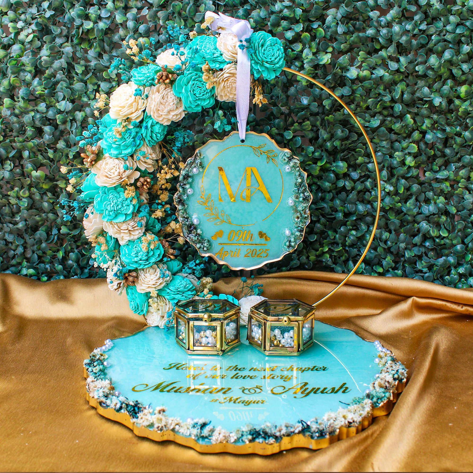 Rezica™ Royal Resin (Aqua n White Themed) Engagement Ring Platter with 2 Premium Ring Boxes and Heavy Flower Hoop (10 Inch Base)